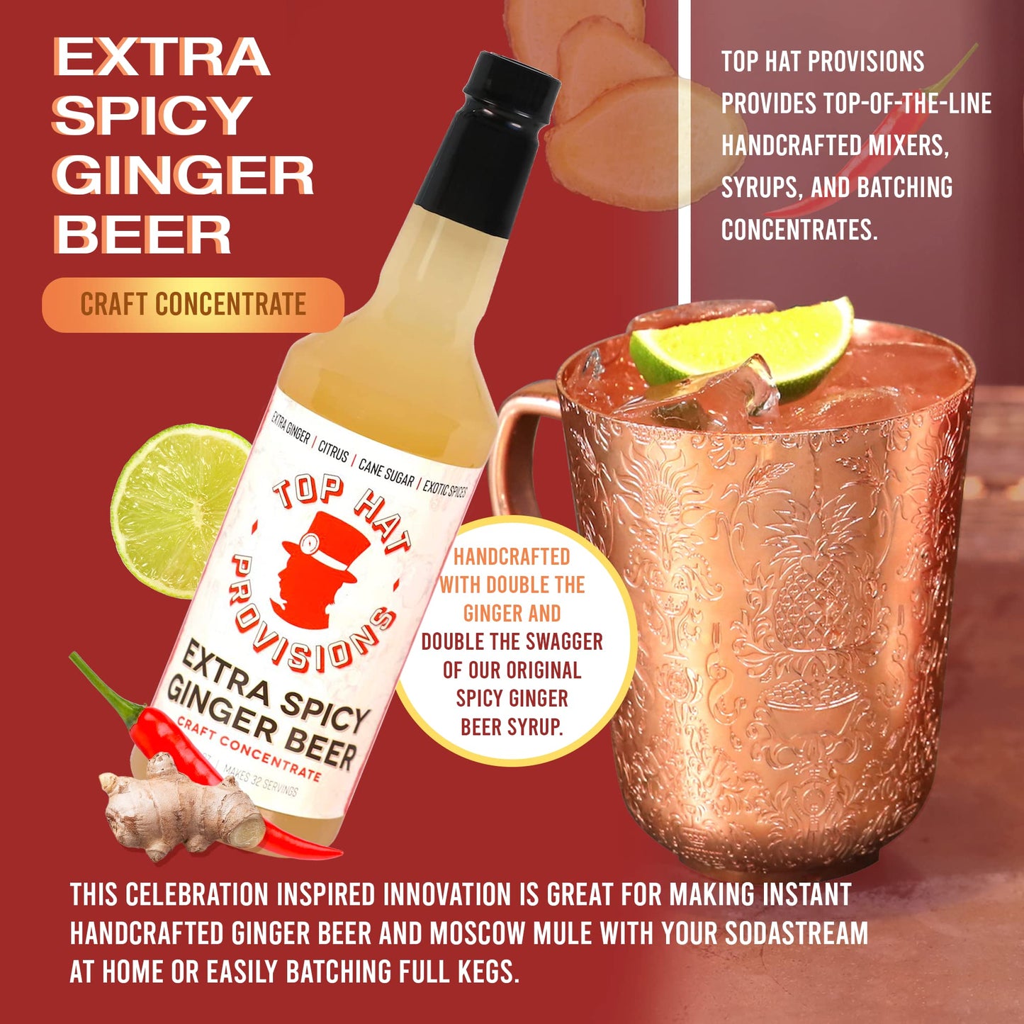 Top Hat Provisions Ginger malt-inspired Syrup - Extra Spicy, 32 Fl Oz (Pack of 2) - Compatible with SodaStream, Makes Craft Sodas and Cocktails