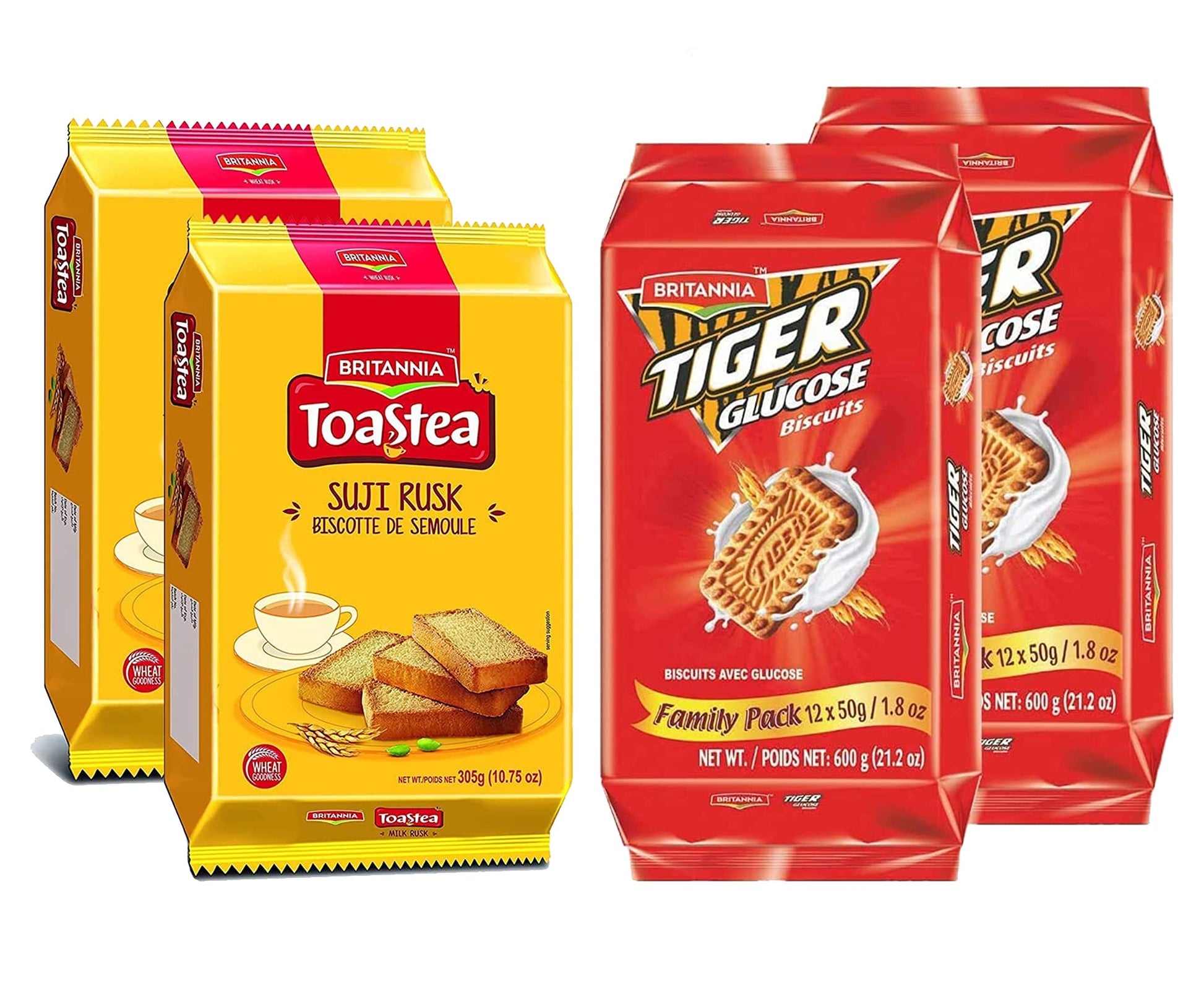 Britannia Wheat Rusk & Tiger Glucose Variety Pack - Breakfast & Tea Time Snacks - Crunchy and Delicious (Pack of 1 Each)