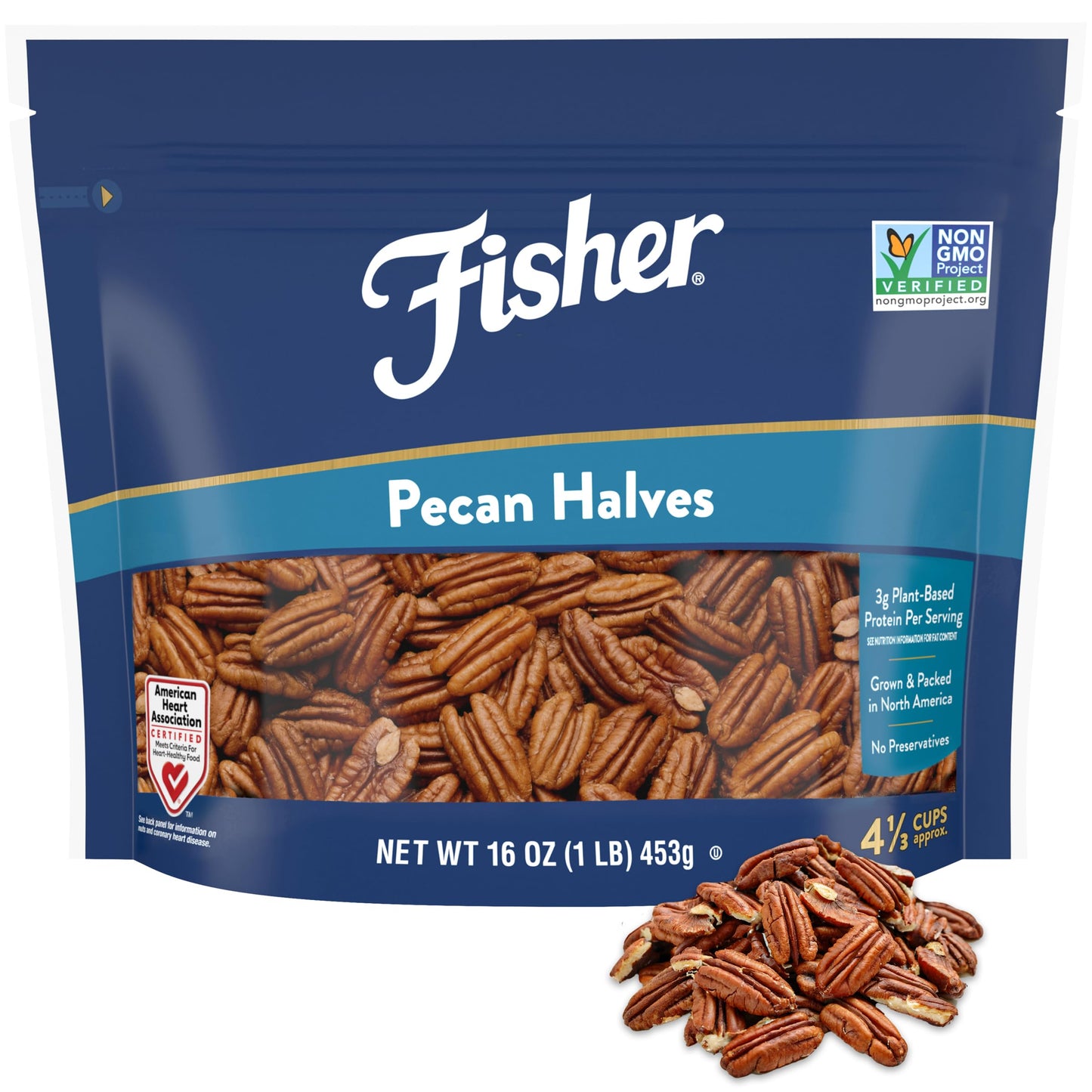 Fisher Chef'S Naturals Pecan Halves 1 Lb Resealable Bag, Unsalted Raw Nuts For Cooking, Baking & Snacking, Vegan Protein, Keto Snack, Gluten Free Raw Pecans Halves