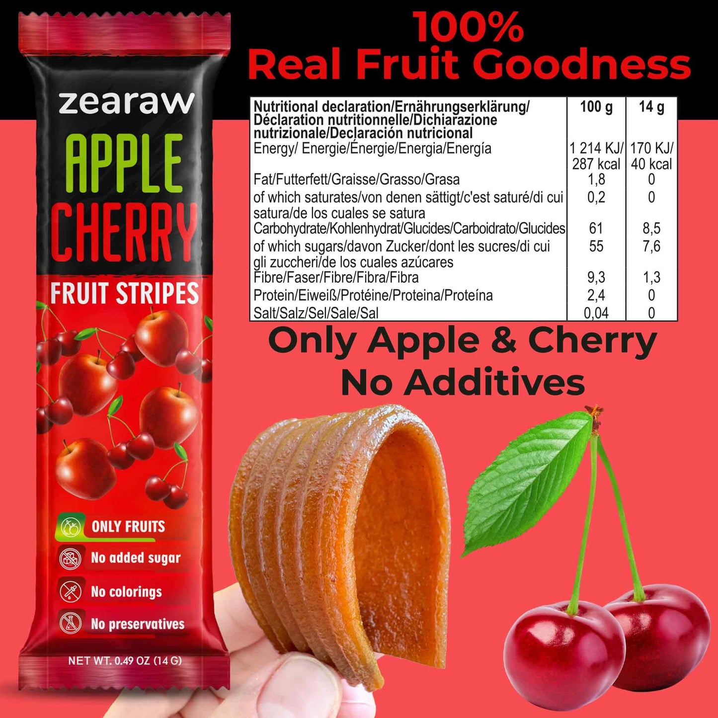 Zearaw Healthy Fruit Snacks For Adults And Kids - 30 Organic Fruit Leather With Dried Cherry, Blueberry, Banana - Vegan Low-Carb