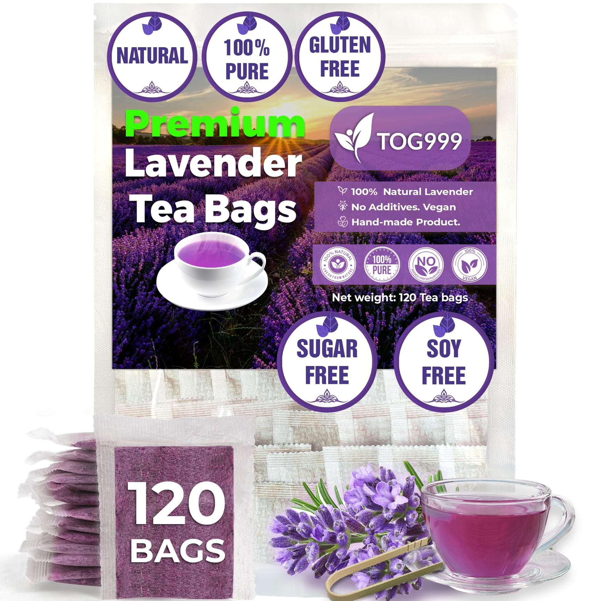 TOG999 Lavender Flower Tea Bags, 100% Natural, Caffeine-Free, Vegan, 120 Bags