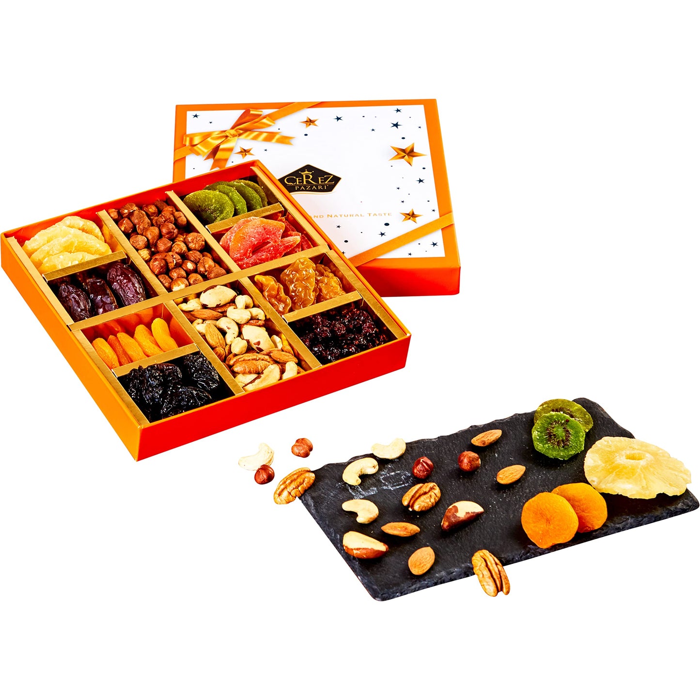 Dried Fruit And Nuts Gift Basket - Gourmet Holiday Gift Box - 10 Variety Holiday Healthy Snack - 1.43 Lbs Elegant Orange Box - C