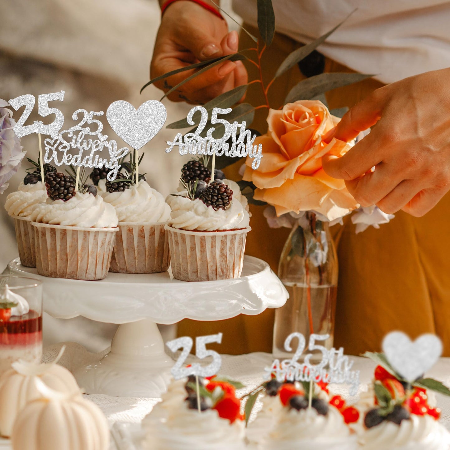 Gyufise 24Pcs 25Th Anniversary Cupcake Toppers Silver 25Th Wedding Anniversary Heart Cake Decorations For 25 Silver Wedding Cele