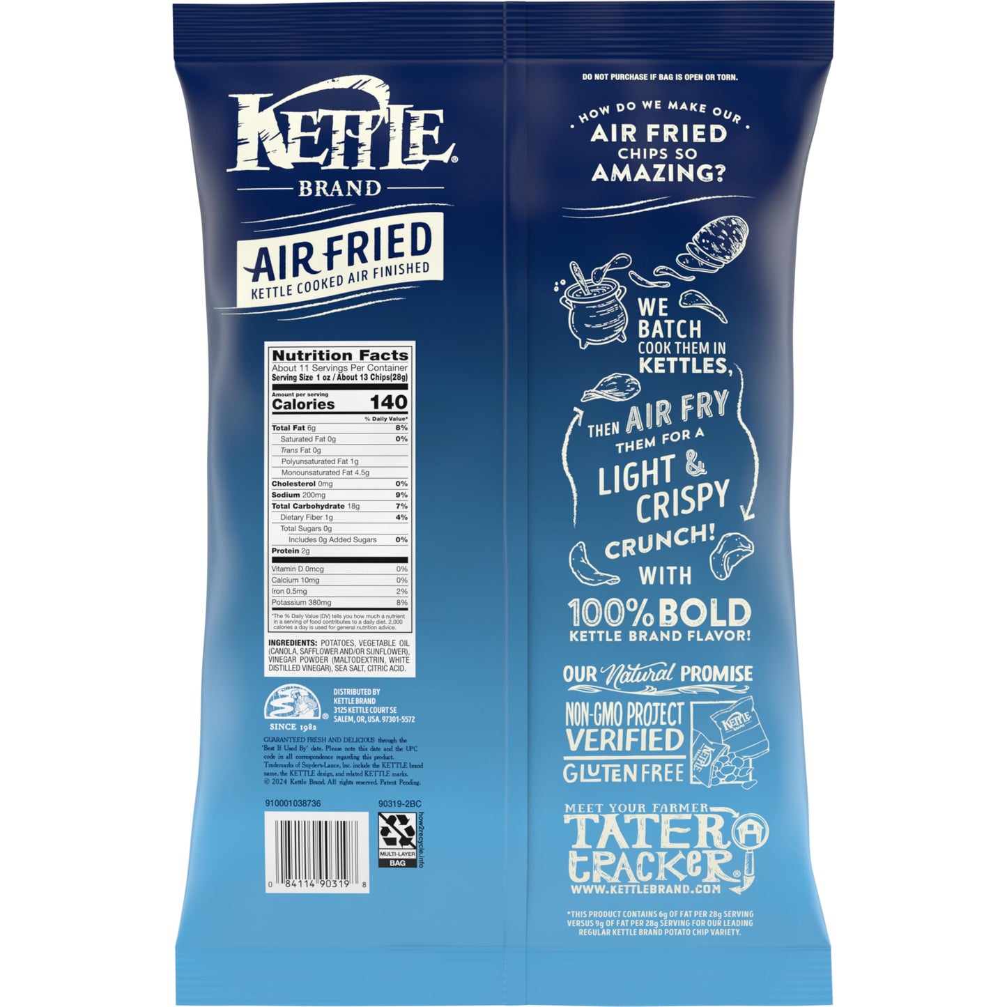 Kettle Brand Potato Chips, Air Fried Sea Salt and Vinegar Kettle Chips, 11.25 Oz Party Size Bag