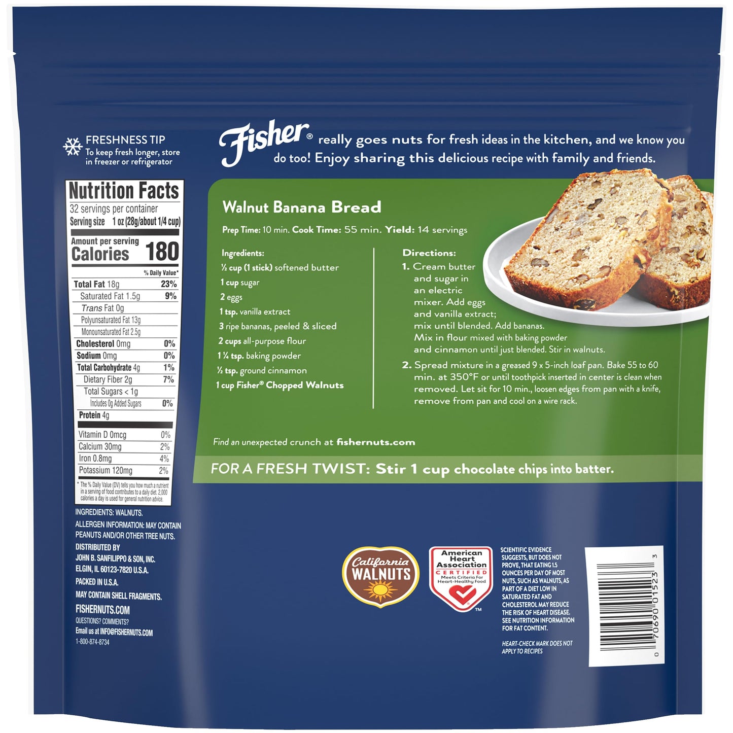 Fisher Chopped Walnuts, Unsalted, 32 Ounce Resealable Bag, Vegan Protein, Keto Snack, Brown