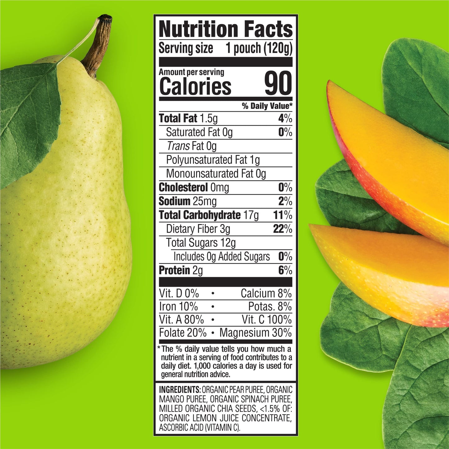Happytot Organics Stage 4 Baby Food Pouches, Gluten Free, Vegan Snack, Superfoods Fruit & Veggie Puree, Pears, Mango, Spinach & Chia, 4.22 Ounce (Pack Of 1)