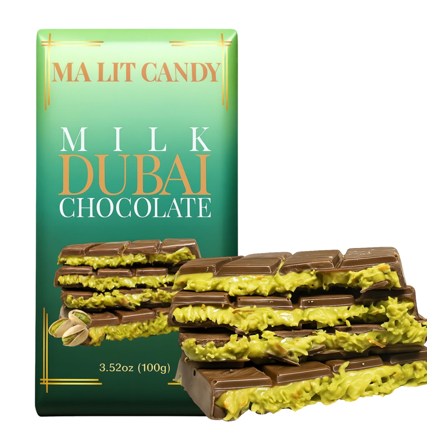 Dubai Chocolate Bar - 3.52Oz (100G) - Elegant Ma Lit Candy Milk Dubai Chocolate Bar With Pistachio & Knafeh/ Kataifi - Viral Dubai Chocolate - Great Holiday Gift For Men Women Mom Dad (Green Package)
