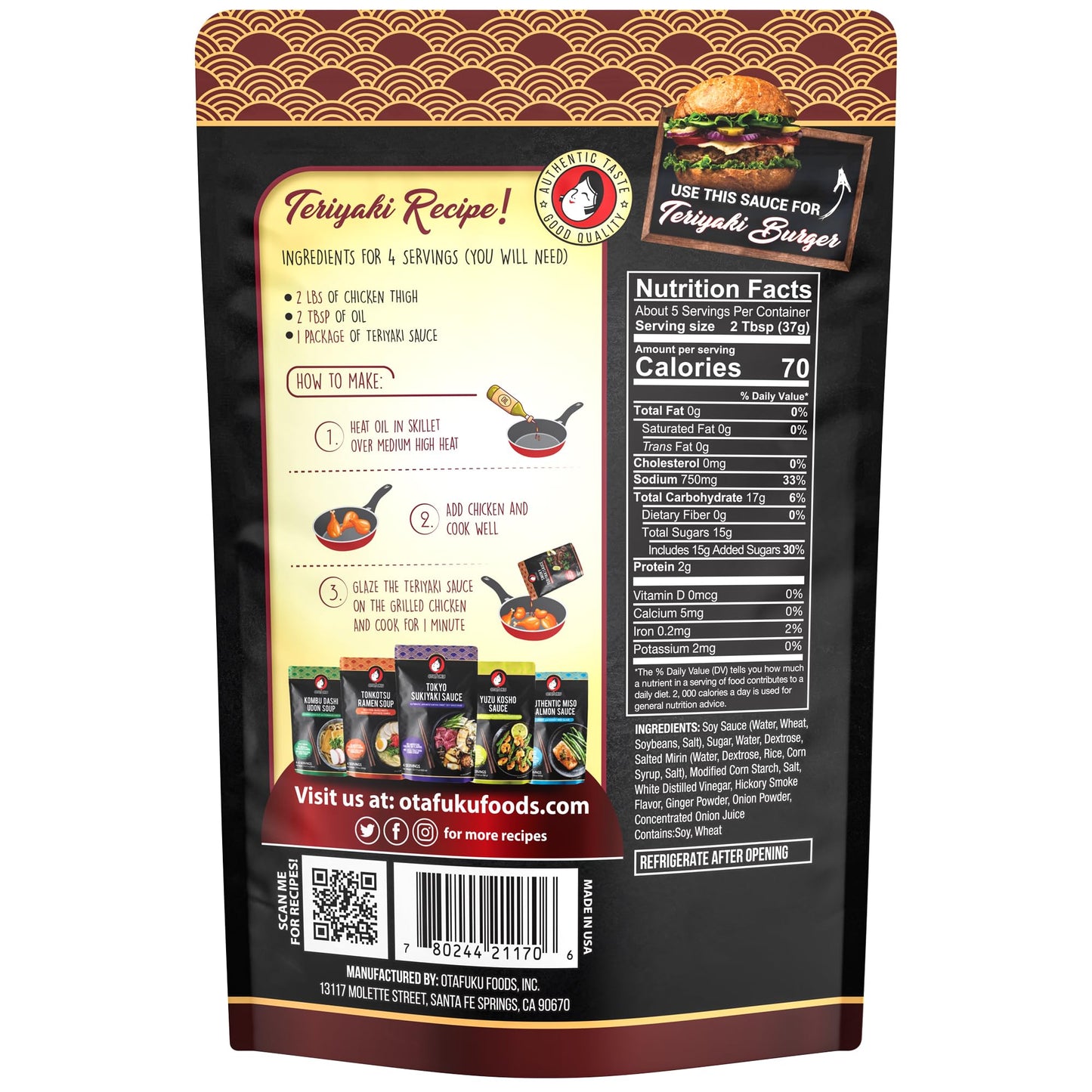 Otafuku Smoky Teriyaki Sauce - Authentic Japanese Stir Fry Sauce - Vegetarian, No Artificial Flavors, Colors Or Preservatives - 7.5Oz (1 Pouch)
