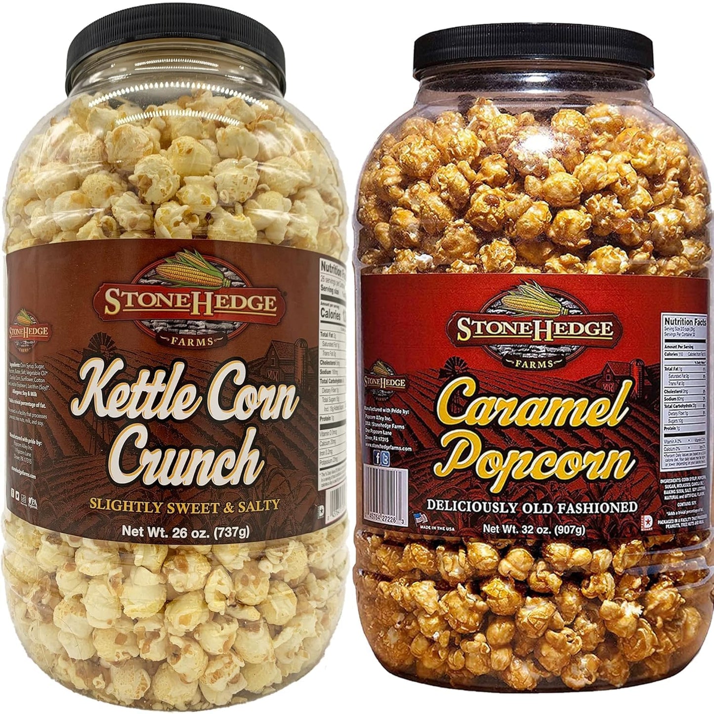 Stonehedge Farms Caramel And Kettle Flavored Popcorn Barrels - 30 Ounce Reclosable Barrels - Two Pack - Made In Usa - Gluten Fre