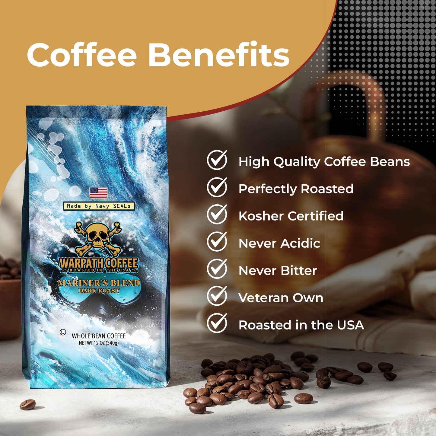 Warpath Coffee Dark Roast Whole Bean Coffee, Mariners Blend, High Caffeine, Extra Strong Roasted 100% Arabica Coffee Beans Whole, Rich Aroma, Full-Bodied Intense Cup, Created By Navy Seals, 12Oz