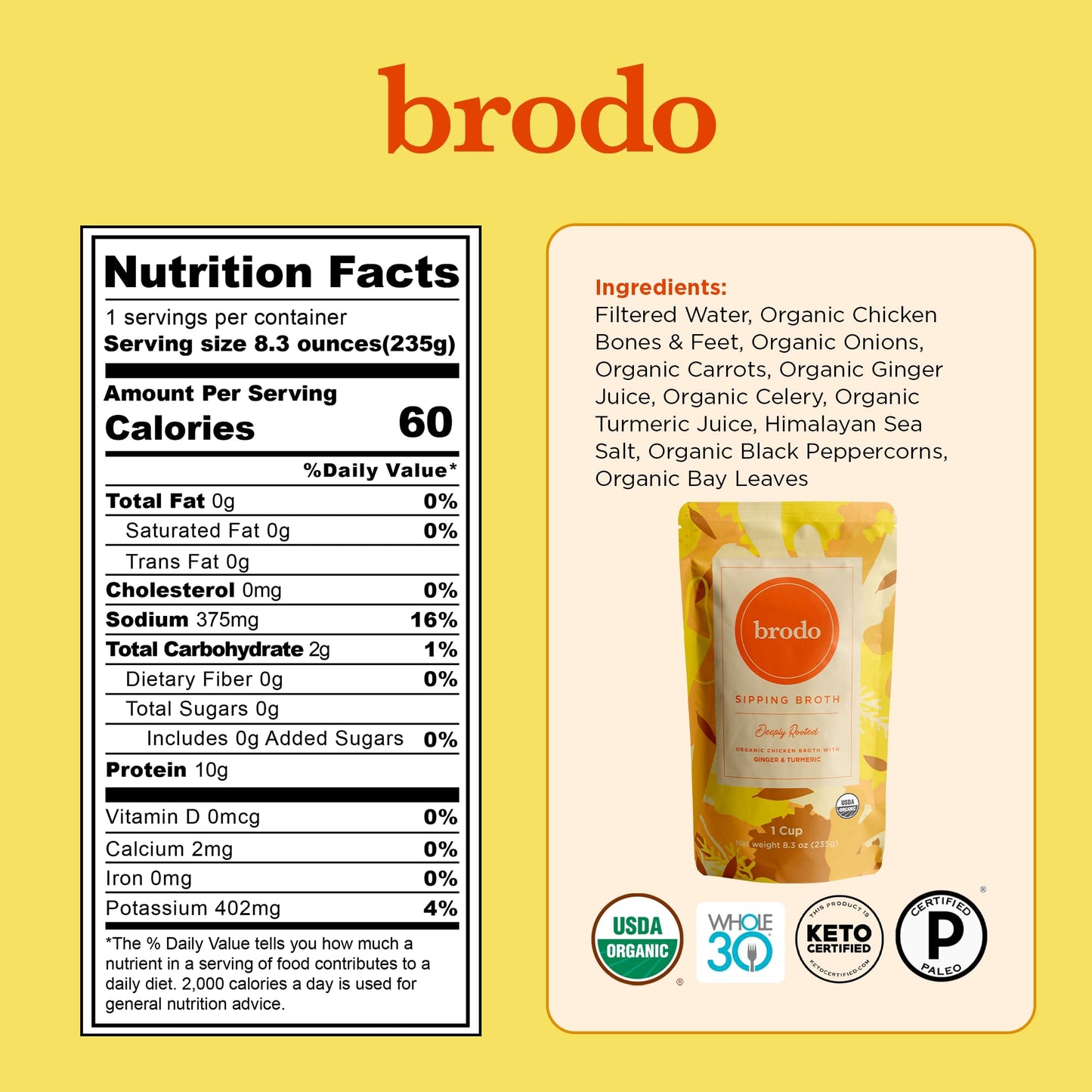 Brodo Broth Variety Pack | 1 Chicken, 1 Hearth, 1 Deeply Rooted, 1 Spicy Nonna, 1 Tom Yum, 1 Tuscan Sun Single Serving Pouches |