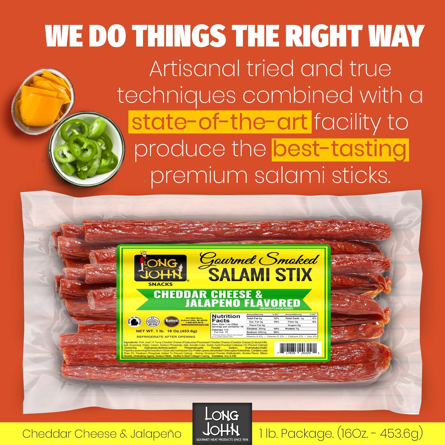 Long John Snacks Jalapeo Cheddar Dried Salami Stix - Premium Hand-Crafted From Beef And Pork - Gluten-Free, Bold Non-Overpowerin
