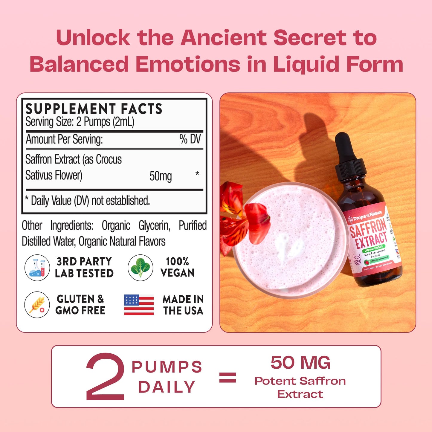 Saffron dietary products for Kids & mature-themeds - Made with Pure Saffron Extract - Vegan  Fast Absorbing - Mix with Drinks - Supports Eye Health  Emotional Balance and Antioxidant Level Boost (Strawberry  60mL)