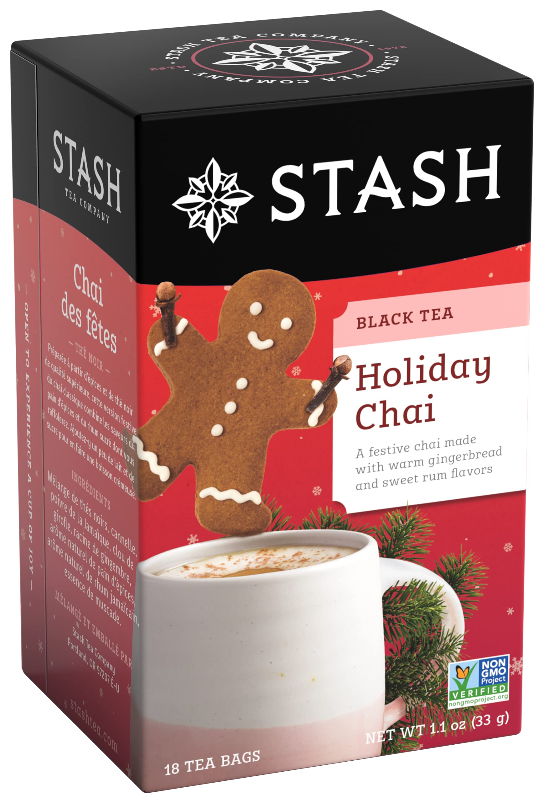 Stash Tea Holiday Chai Tea 18 Count Tea Bags (Pack Of 6)  Individual Spiced Black Tea Bags For Use In Teapots Mugs Or Cups  Brew Hot Tea Or Iced Tea
