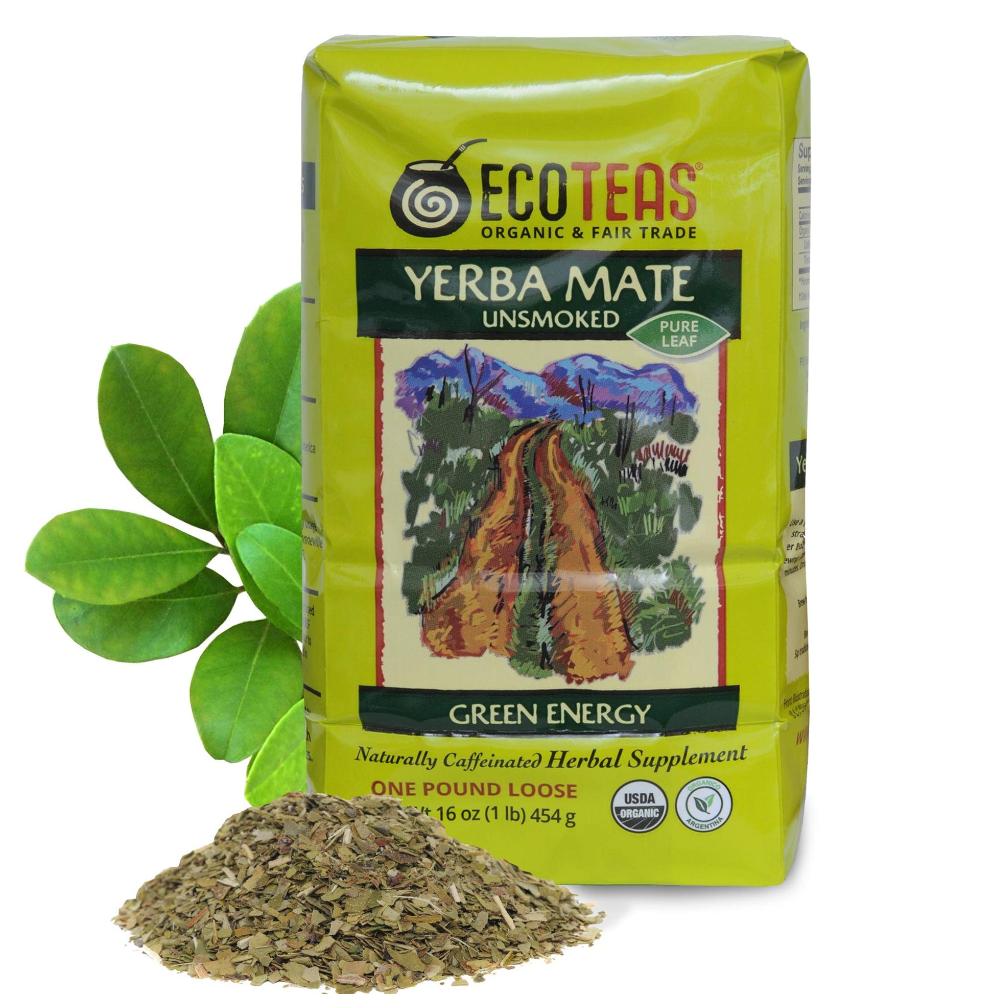 Ecoteas - Organic Yerba Mate Loose Leaf Tea - Unsmoked, Pure Leaf, 1 Lb - Detox Hi Caf Energy, 100% Organic From Argentina