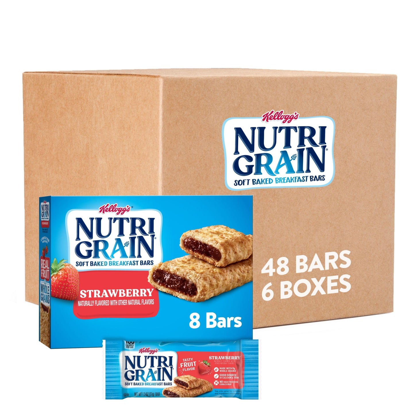 Nutri-Grain Soft Baked Breakfast Bars, Made With Whole Grains, Kids Snacks, Strawberry, 3.9Lb Case (6 Boxes)