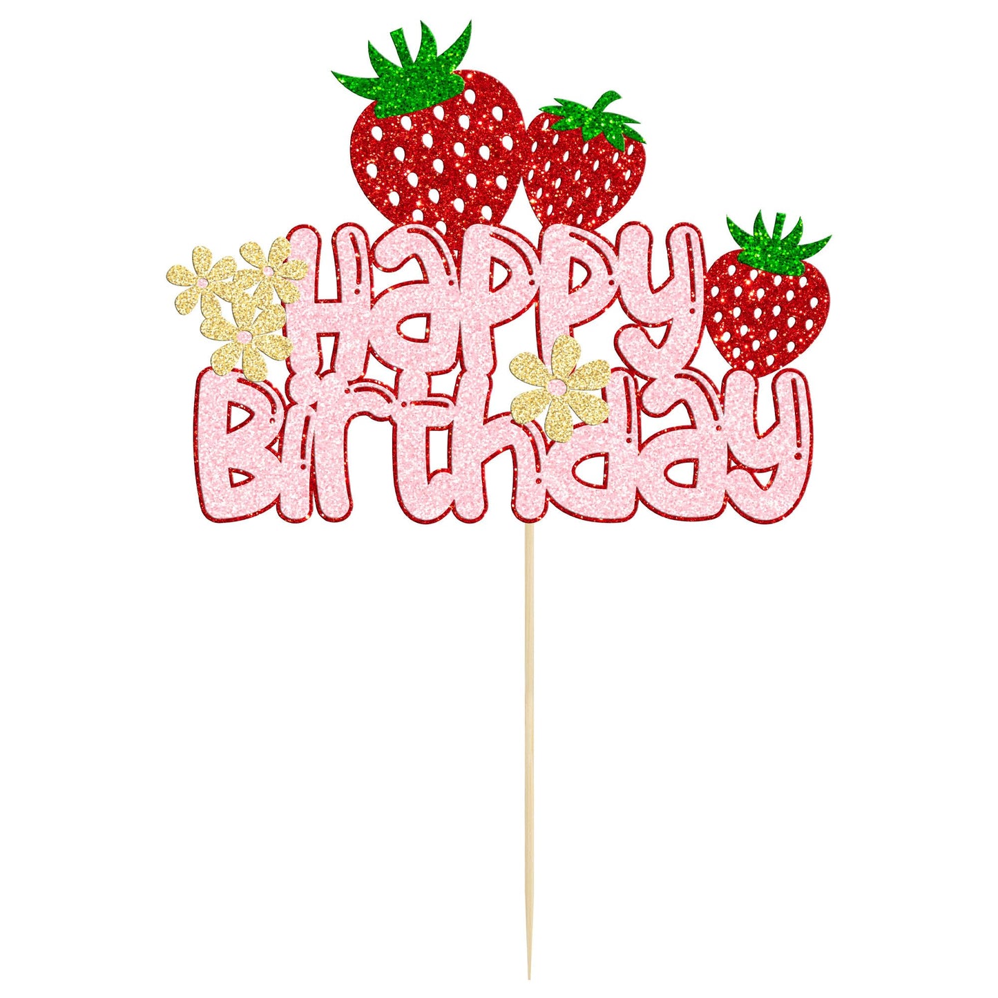 1 Pack Happy Birthday Cake Topper Glitter Strawberry Cake Pick For Fruit Theme Baby Shower Kids Birthday Party Strawberry Fruit