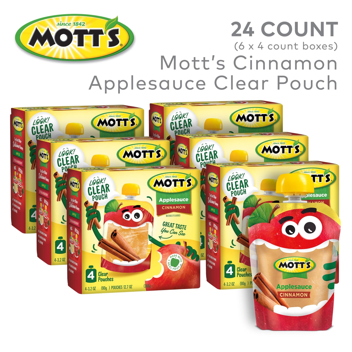 Mott'S Cinnamon Applesauce, 3.2 Oz Clear Pouches, 24 Count (6 Packs Of 4), No Artificial Flavors, Good Source Of Vitamin C, Nutr