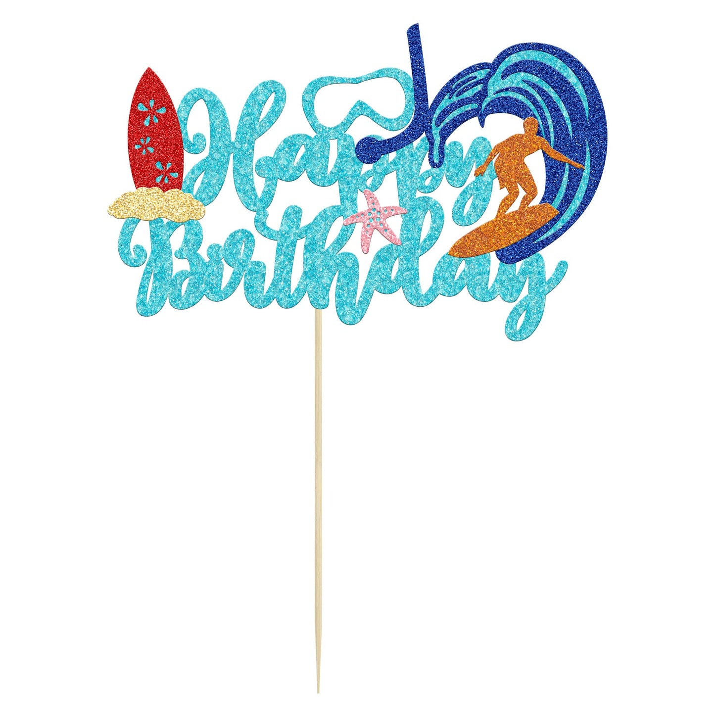Gyufise 1Pc Summer Happy Birthday Cake Topper Blue Glitter Summer Pool Swimming Surfing Cake Decoration For Summer Holiday Beach