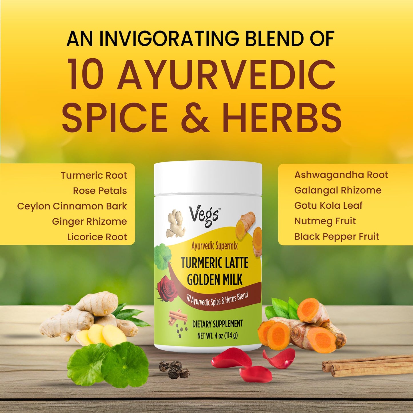 Vegs Turmeric Golden Milk Powder - Organic Ayurvedic Spice Mix with Turmeric, Ginger, Ashwagandha - 4 oz - Vegan, Sugar-Free, Non-GMO