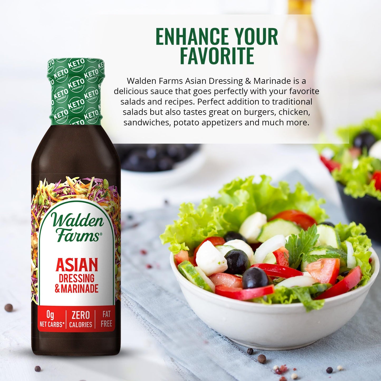 Walden Farms Asian Dressing & Marinade - Calorie-Free, Gluten-Free, Low Carb, Keto-Friendly, Sugar-Free, Zesty Asian Flavor, (12