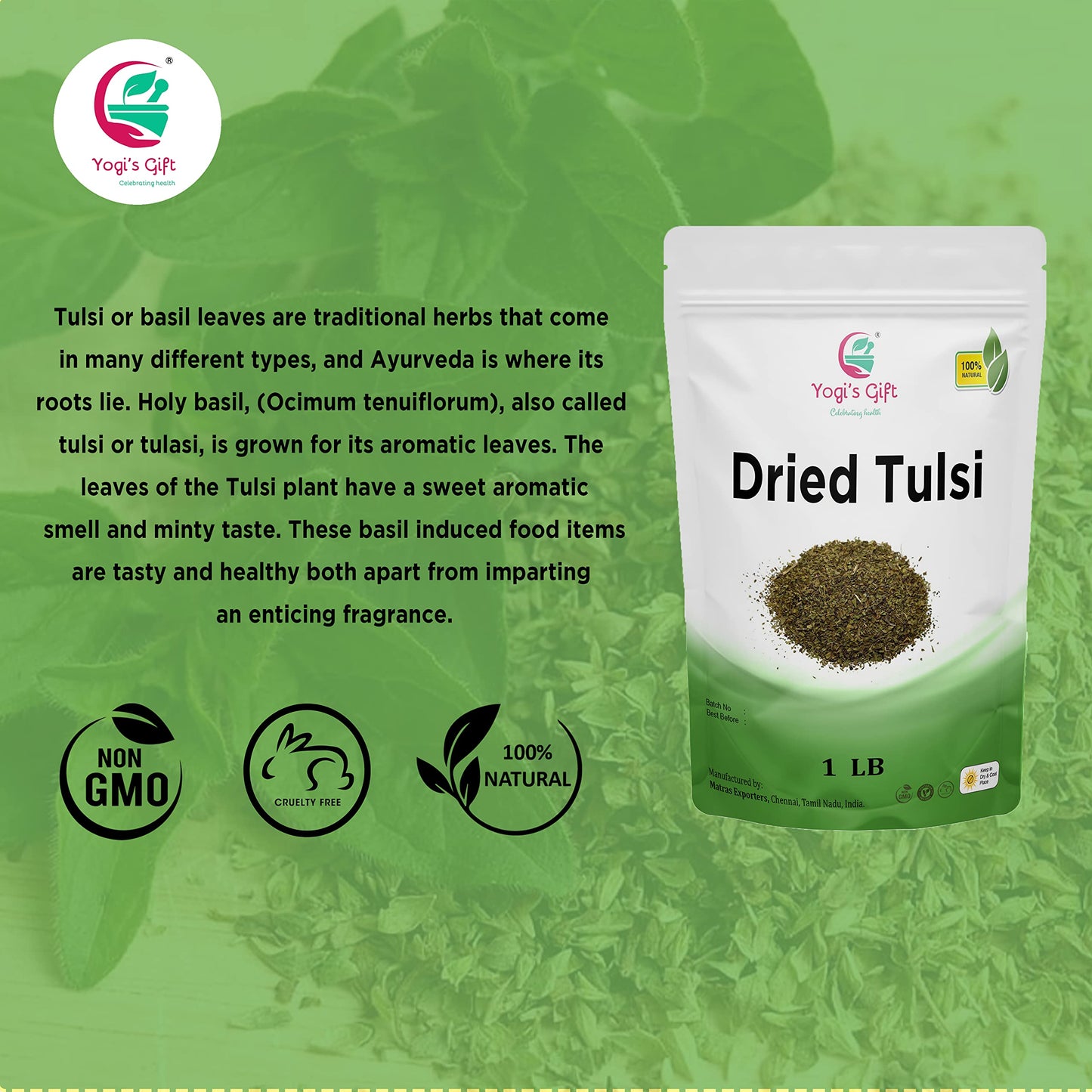 Dried Tulsi | Holy Basil Leaf Tea 1 Lb | Relaxing And Calming Tea | 100% Natural | By Yogi'S Gift