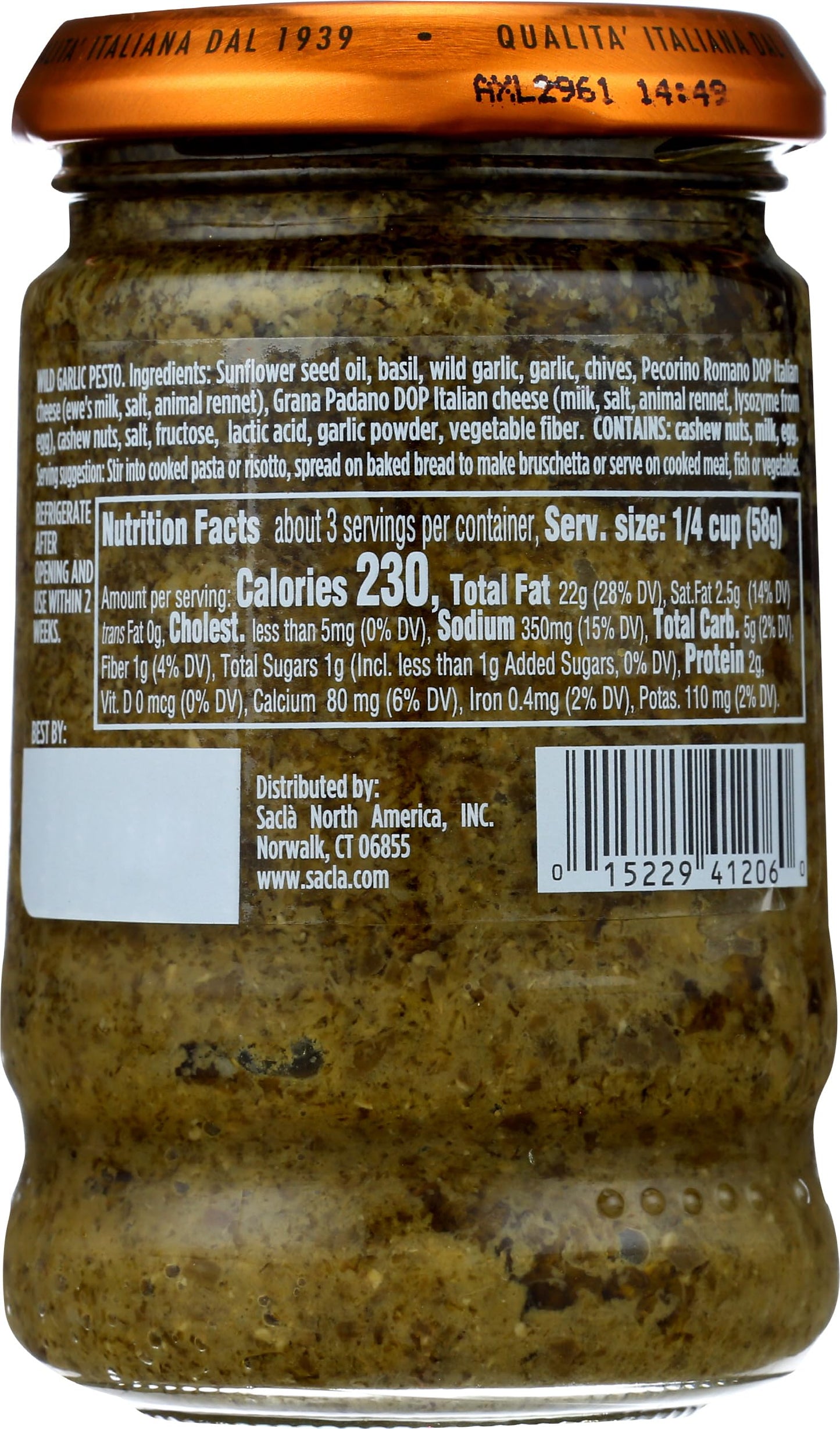 SACLA Wild Garlic Pesto Sauce | Basil & Wild Garlic Italian Pesto with Parmigiano Reggiano & Pecorino Romano Cheeses | 6.7 oz Gl