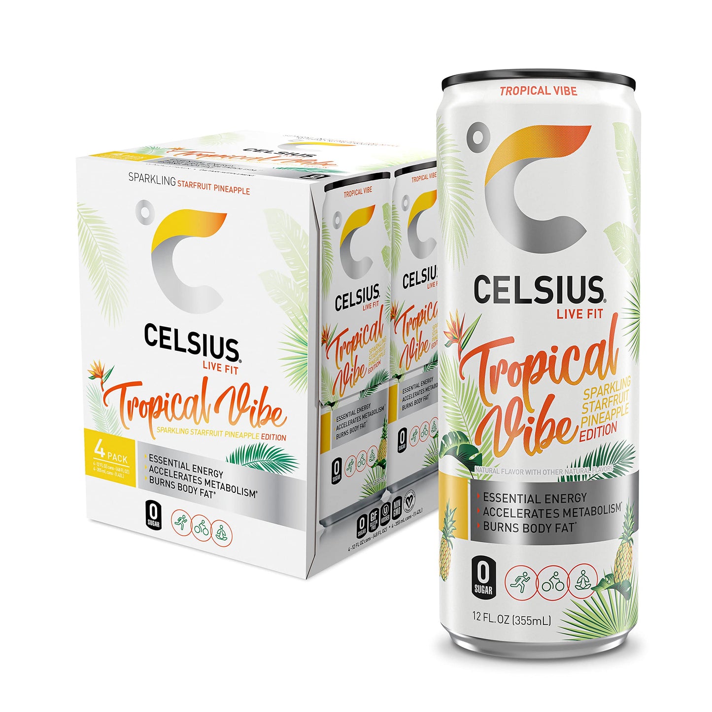 CELSIUS Sparkling Tropical Vibe Energy Drink, 12 Fl Oz, Pack of 24, Model FGSS6431
