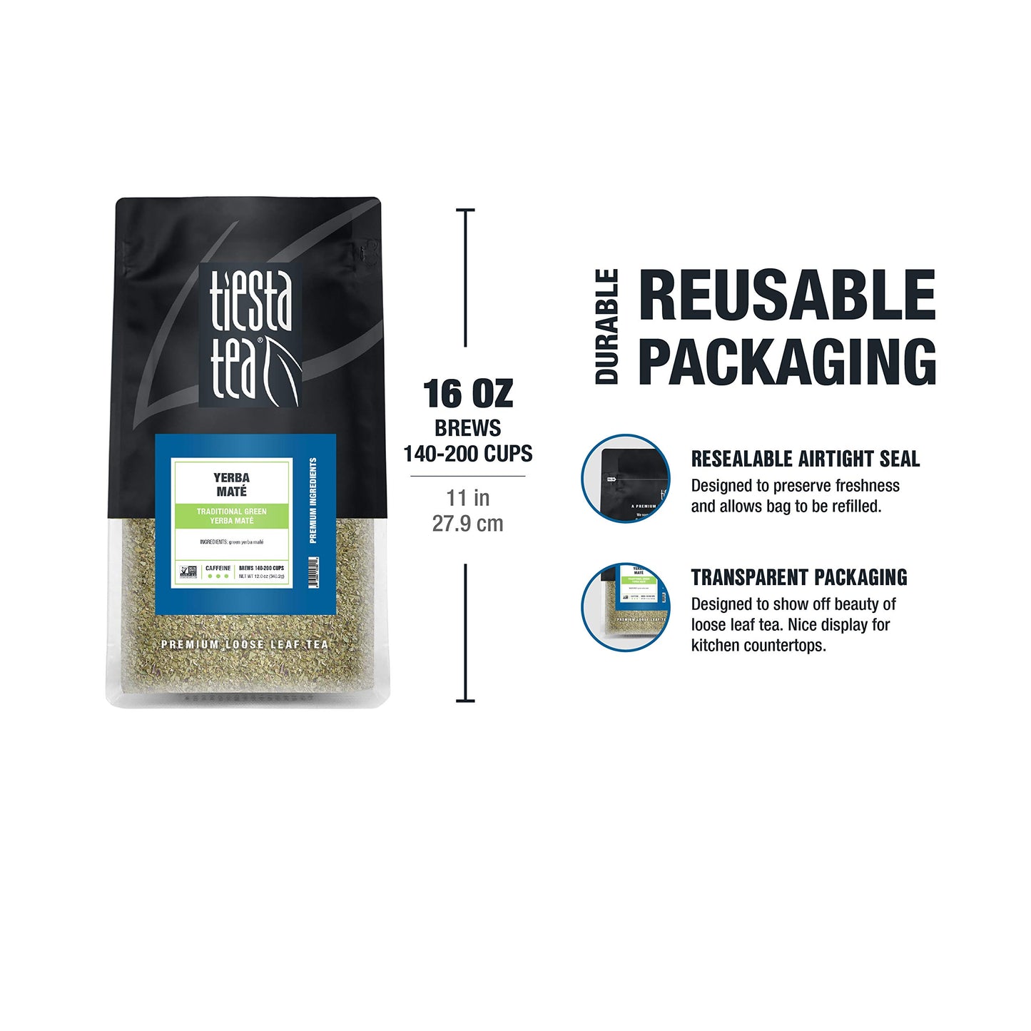 Tiesta Tea - Yerba Mate | Traditional Green Maté Tea | Premium Loose Leaf Tea | High Caffeinated Tea | Make Hot Or Iced Tea & Brews Up To 200 Cups | All Natural Flavors - 12Oz Resealable Bulk Pouch