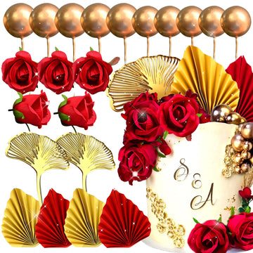 Jevenis 21 Pcs Red Rose Cake Decoration Queen Birthday Cake Decoration Ginkgo Palm Leaves Cake Decoration For Wedding Birthday E