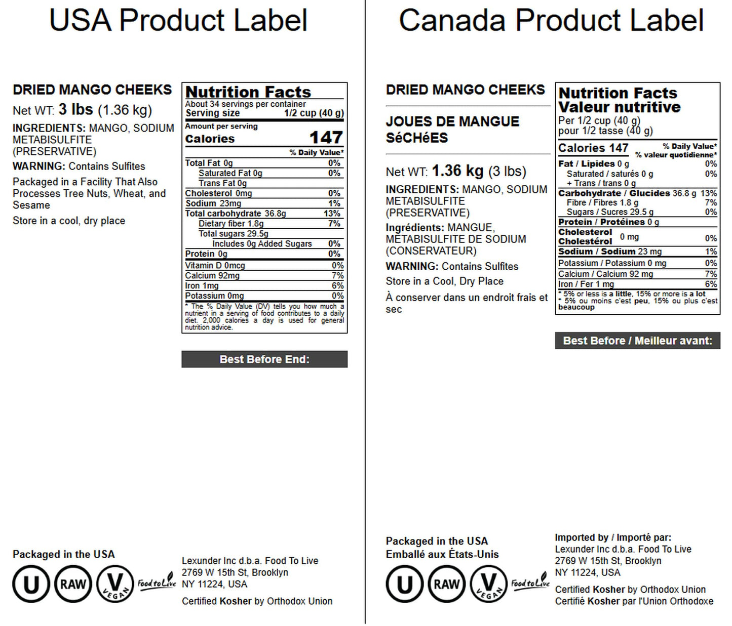 Food to Live Dried Mango Cheeks - Premium Quality, Unsweetened, 3 Pounds, Gluten-Free, Raw Vegan Snack