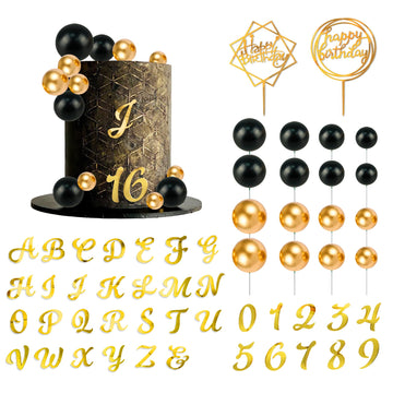 Gold Acrylic Alphabet Number Cake Topper Diy Personalized Name Cupcake Toppers With Balls Happy Birthday Sets For Custom Wedding