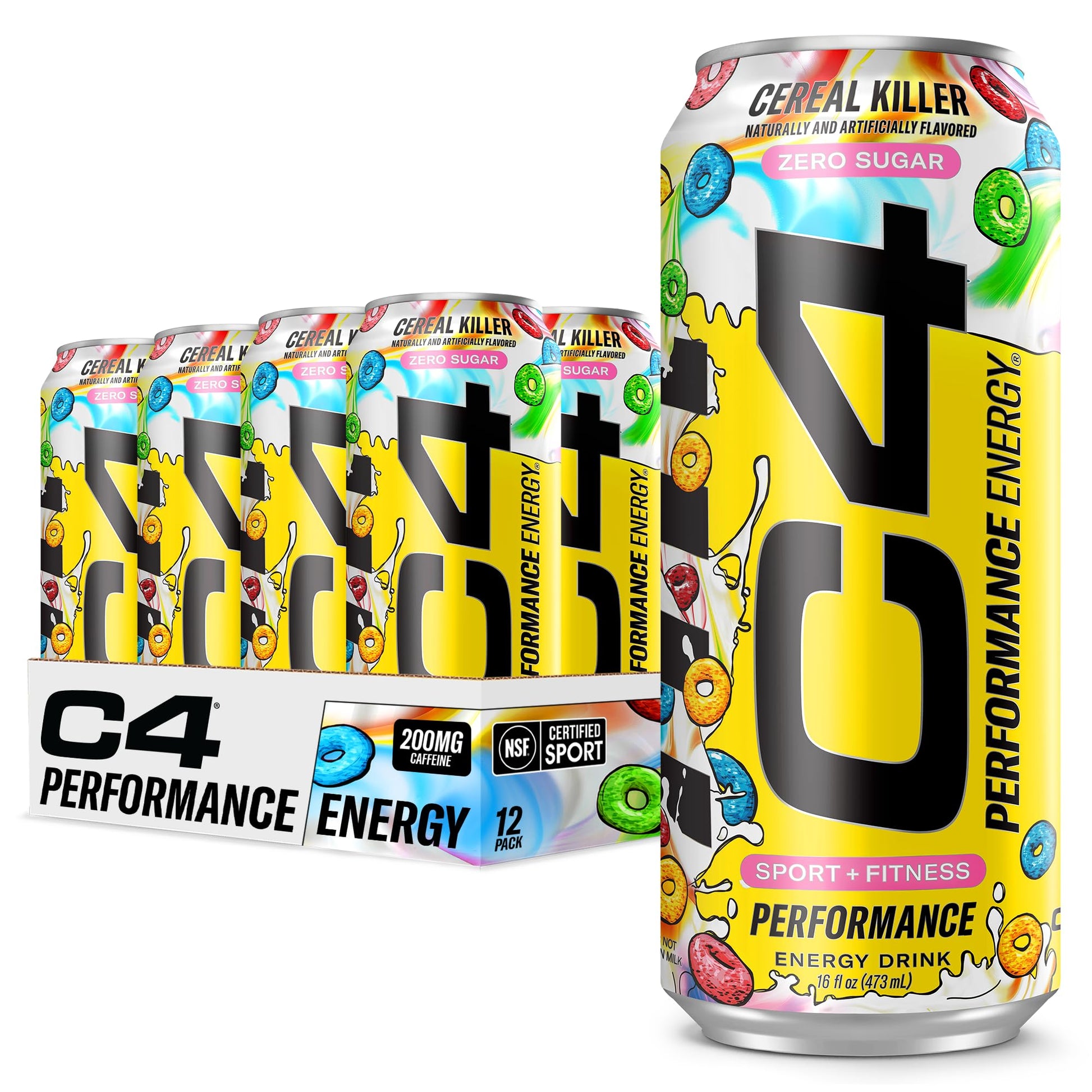 C4 Energy Carbonated Zero Sugar Energy Drink  Pre Workout Drink + Beta Alanine  Cereal Killer  16 Fl Oz (Pack of 12)