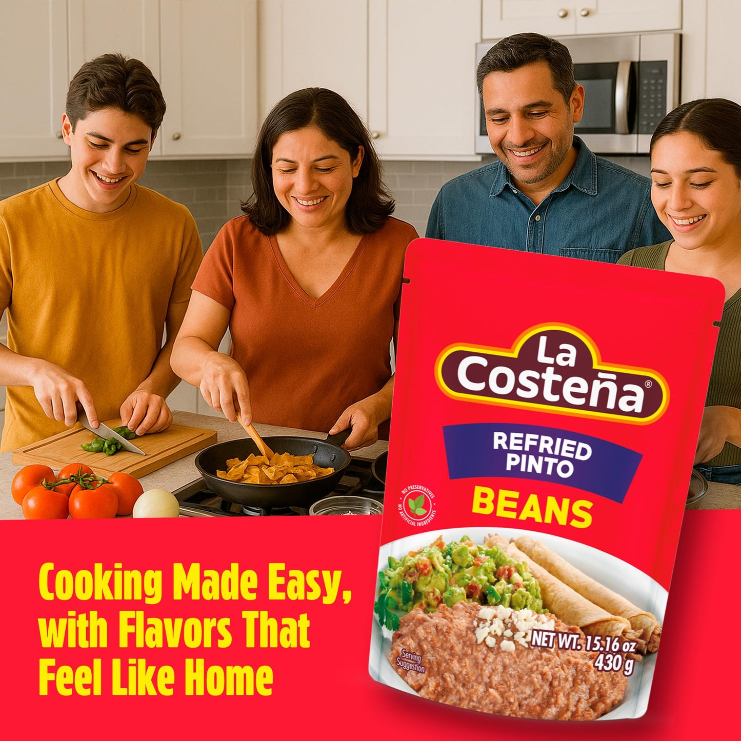 La Costeña Refried Pinto Beans, Microwaveable Pouch, 15.16 Oz, Pack of 8, Pinto Color