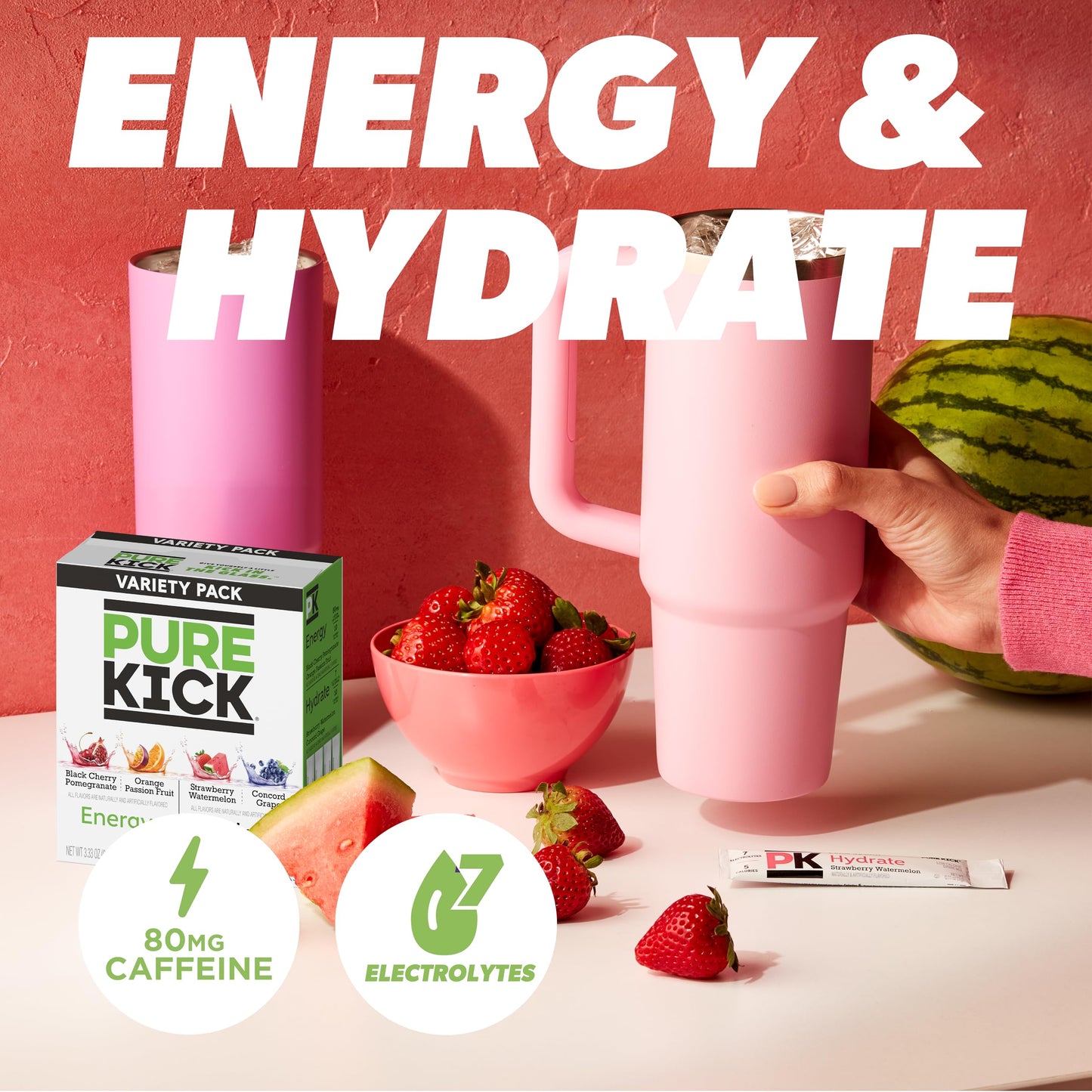 PURE KICK Energy & Hydrate Singles To Go Drink Mix Variety Pack - Black Cherry, Orange, Strawberry, Grape, 30 Count (0.11 oz each)