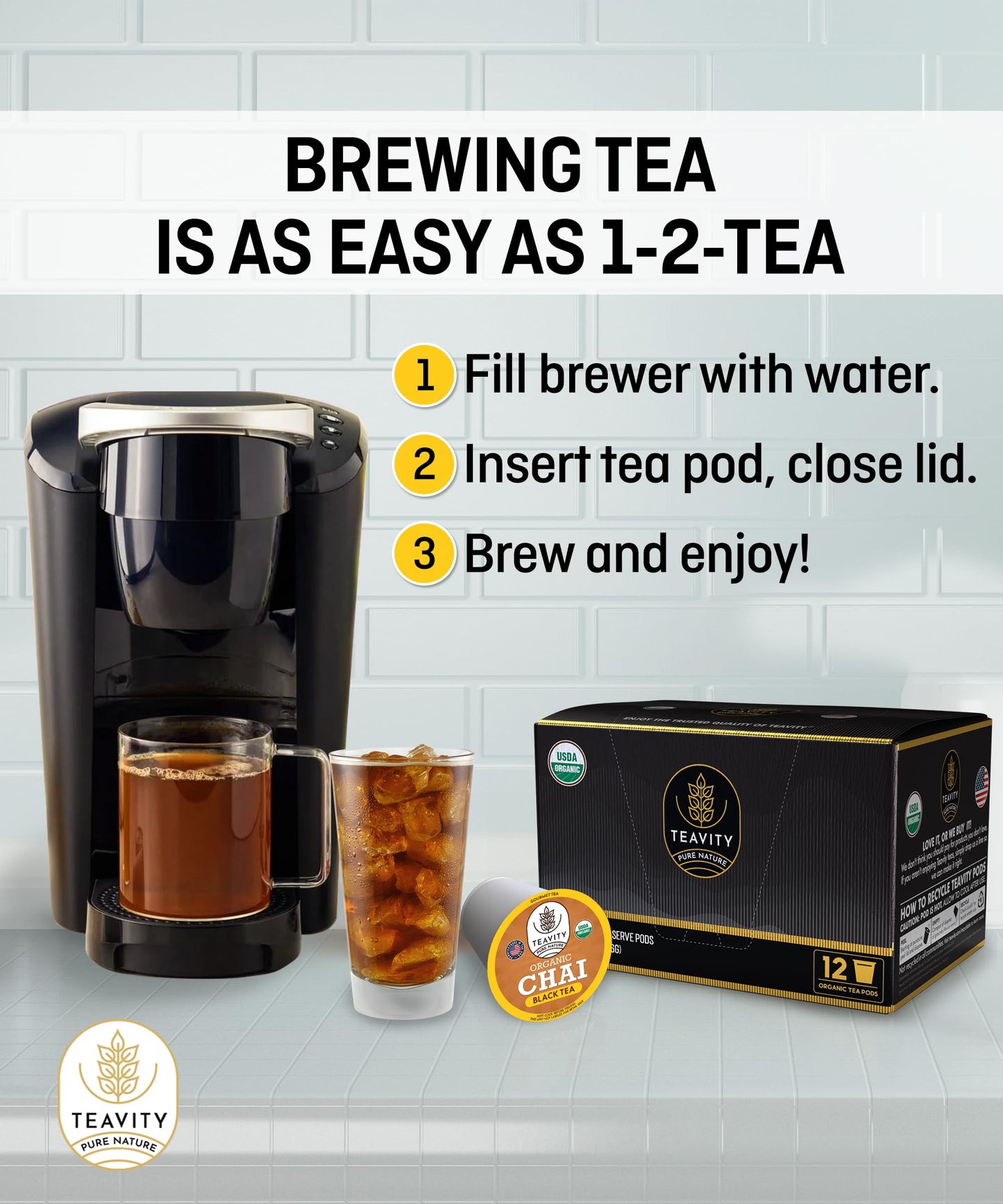 Teavity Organic Chai Black Tea Pods for Keurig, Naturally Caffeinated, 12 Count