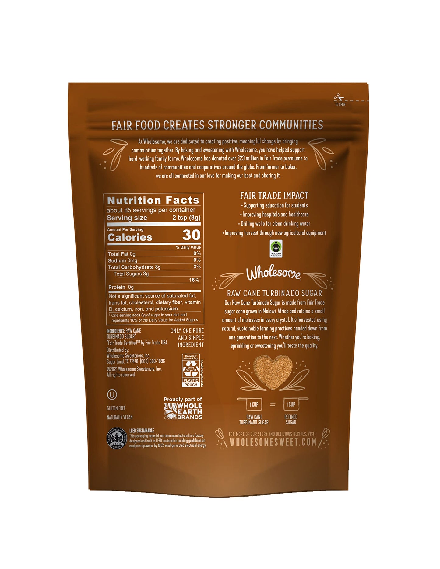 Wholesome Sweeteners Fair Trade Raw Cane Sugar, 24 Ounce Pouches, Pack of 12, Brown, Model 46771
