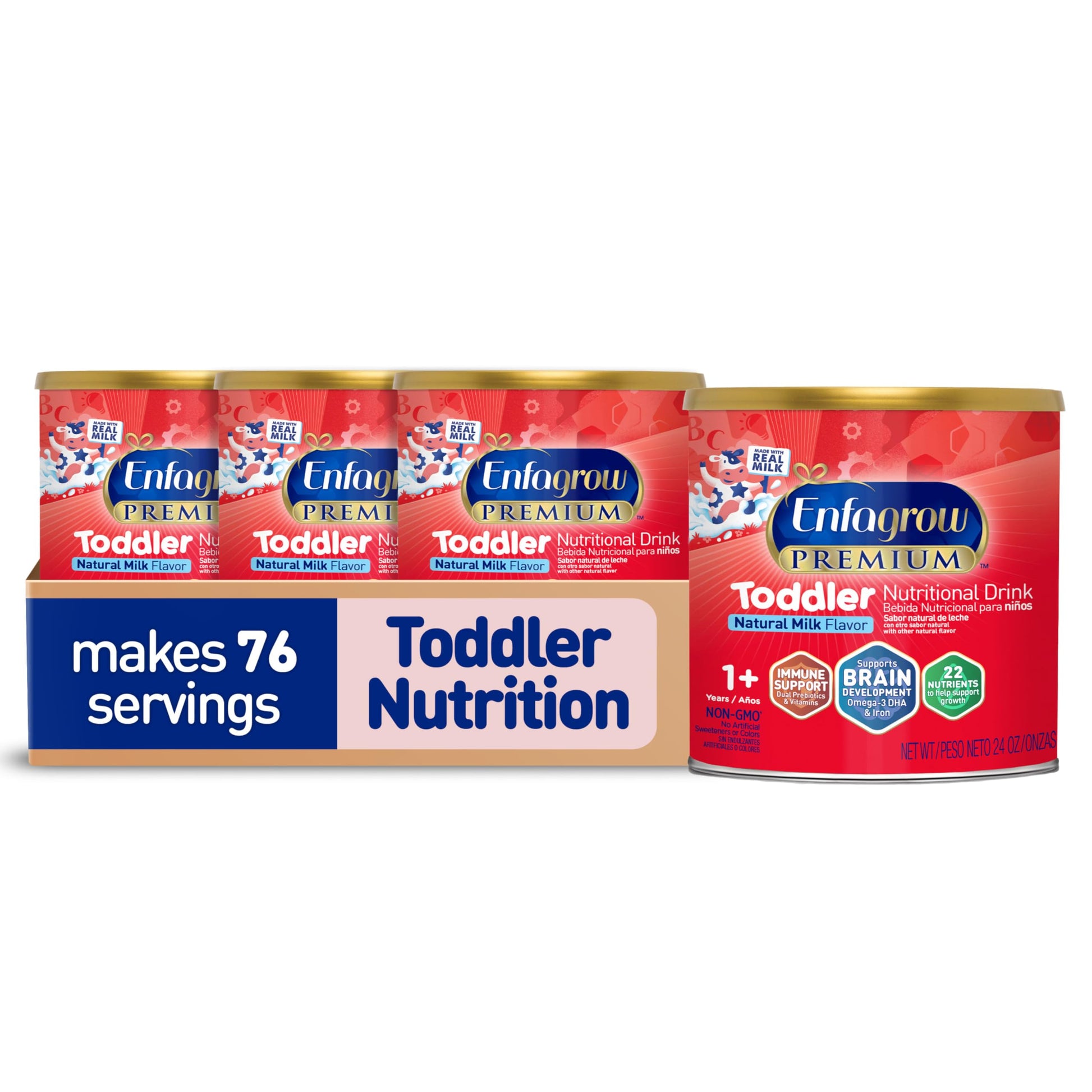 Enfagrow enhanced Toddler Nutritional Drink, Natural Milk Flavor, Omega-3 DHA for Brain Support, Prebiotics & Vitamins for Immune Health, Non-GMO, Powder Can, 24 Oz, Pack of 4