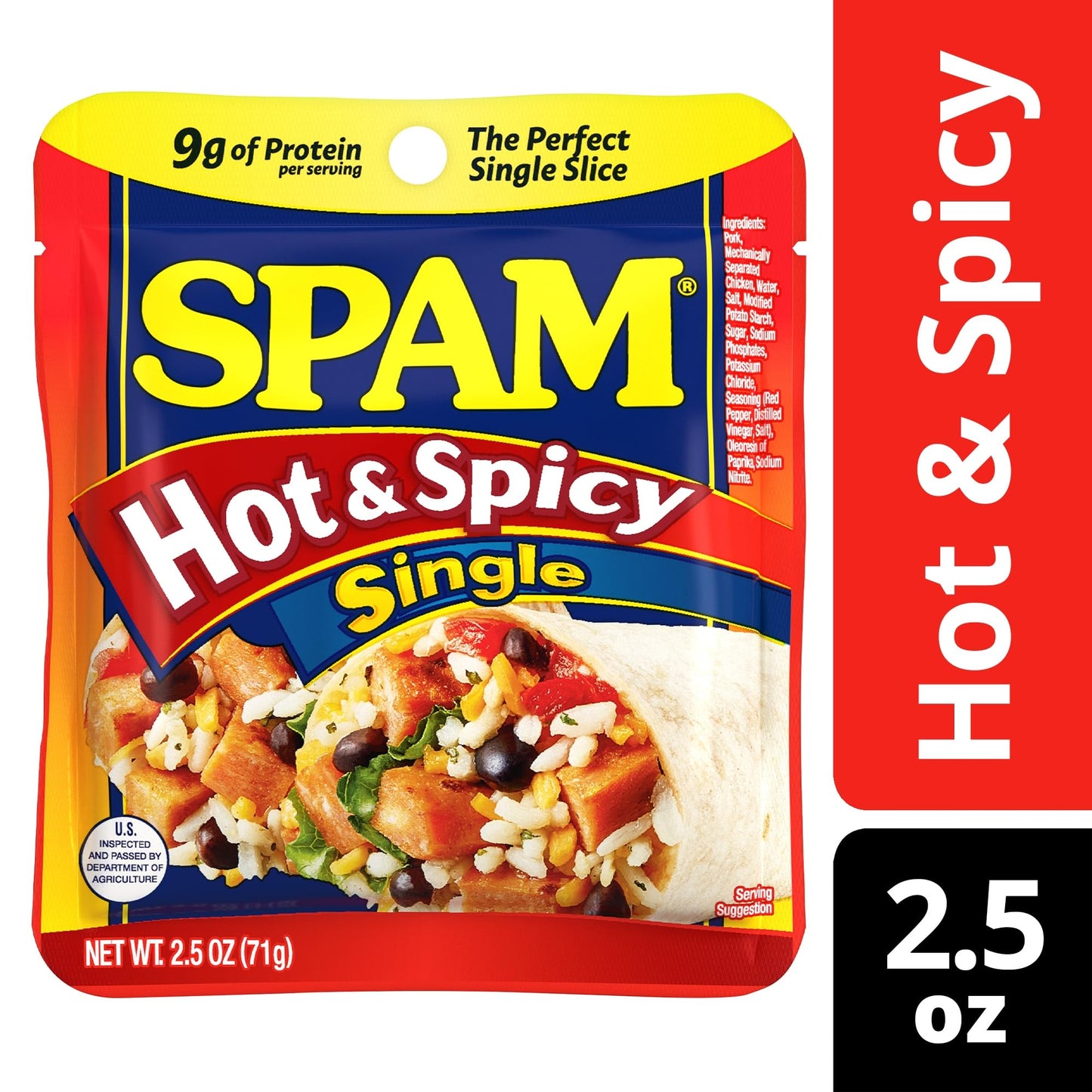 SPAM Single Hot & Spicy 2.5oz Individual Pouch (Pack of 12) Fully Cooked Pork and Ham  9g of Protein  0g Trans Fat  Low Carb  Keto-Friendly  Gluten Free  Easy Open  Perfect for Sandwiches & Breakfast