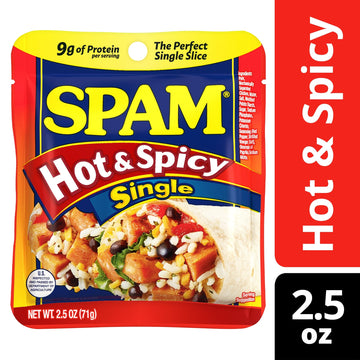 SPAM Single Hot & Spicy 2.5oz Individual Pouch (Pack of 12) Fully Cooked Pork and Ham  9g of Protein  0g Trans Fat  Low Carb  Keto-Friendly  Gluten Free  Easy Open  Perfect for Sandwiches & Breakfast