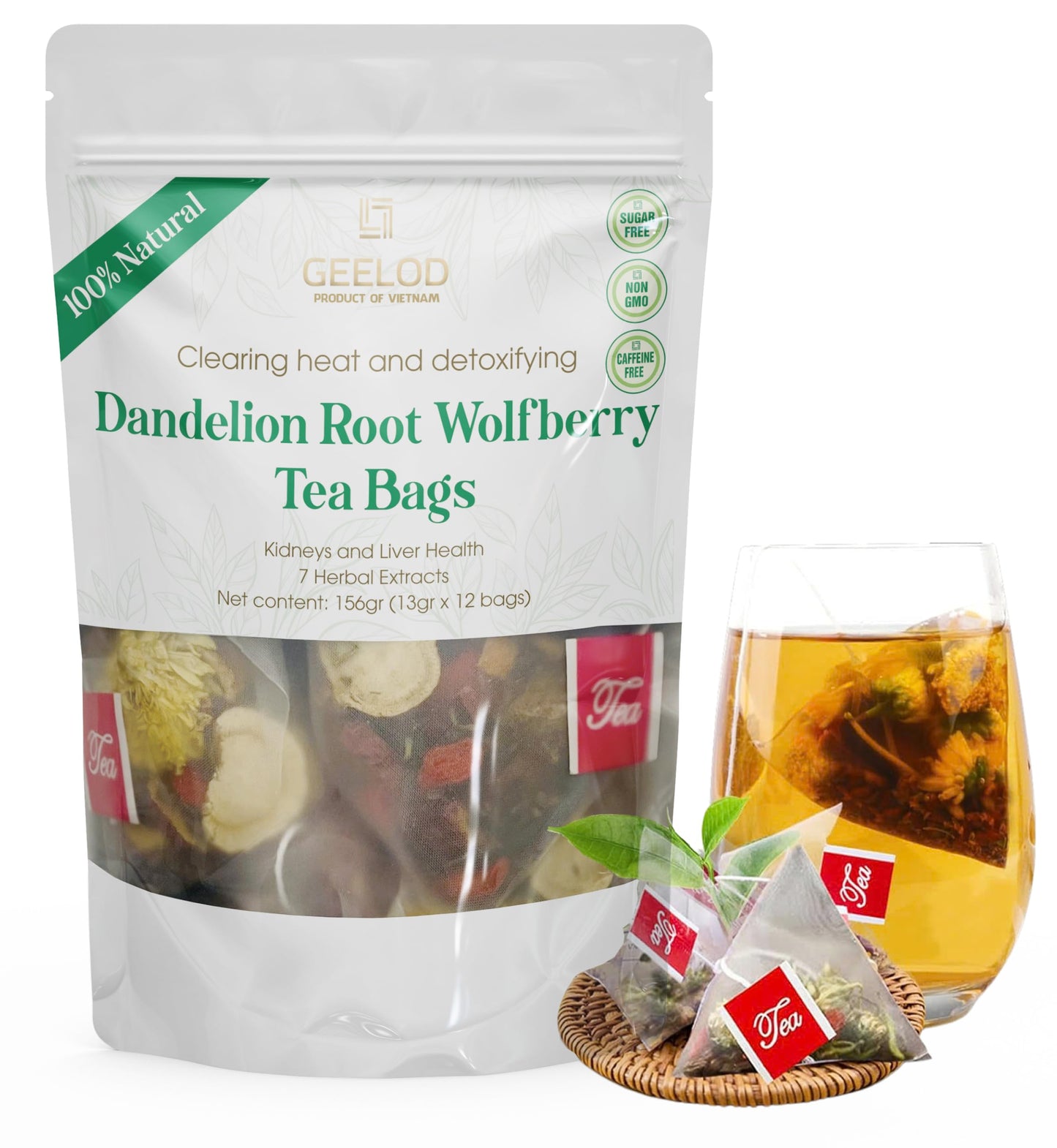GEELOD Premium Dandelion Root Wolfberry Tea Bags - 12 Count Herbal Blend for Kidneys & Liver Health