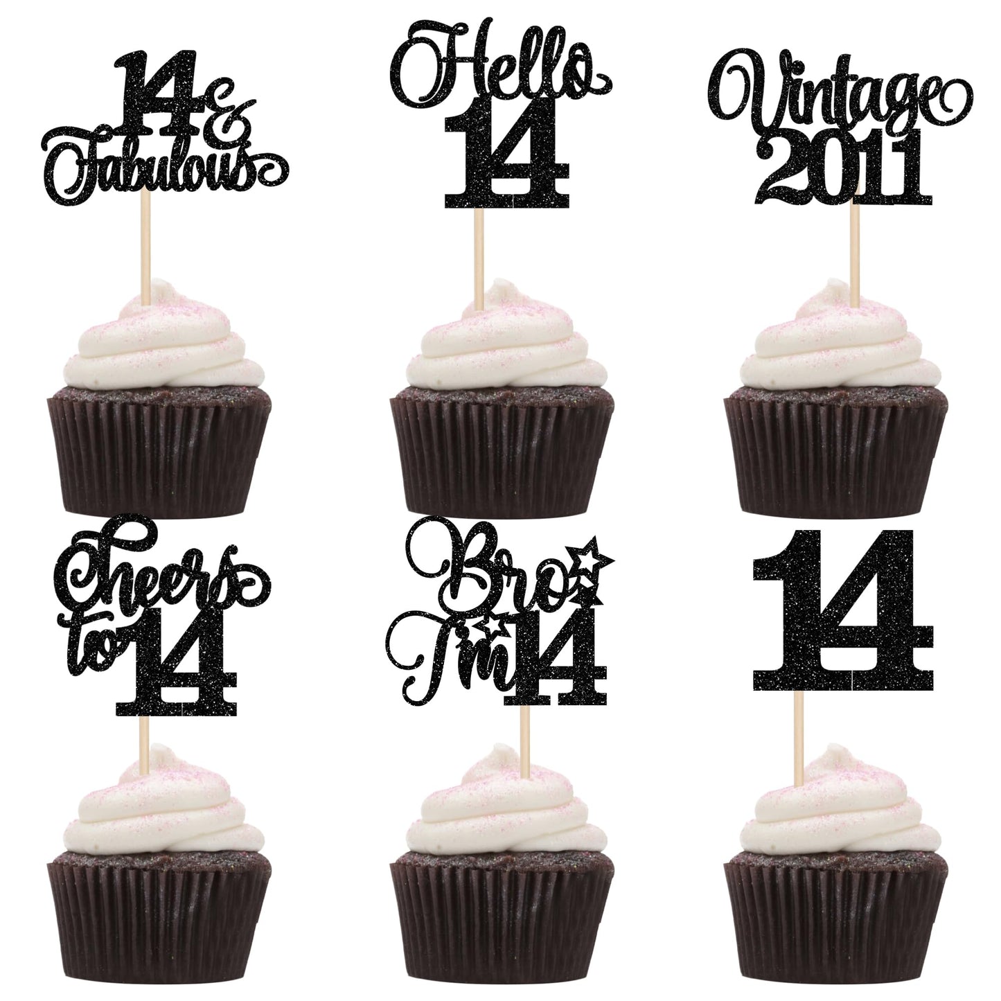 Rsstarxi Cupcake Toppers 24 Pack Glitter Black for 14th Birthday Wedding Anniversary Party Decorations