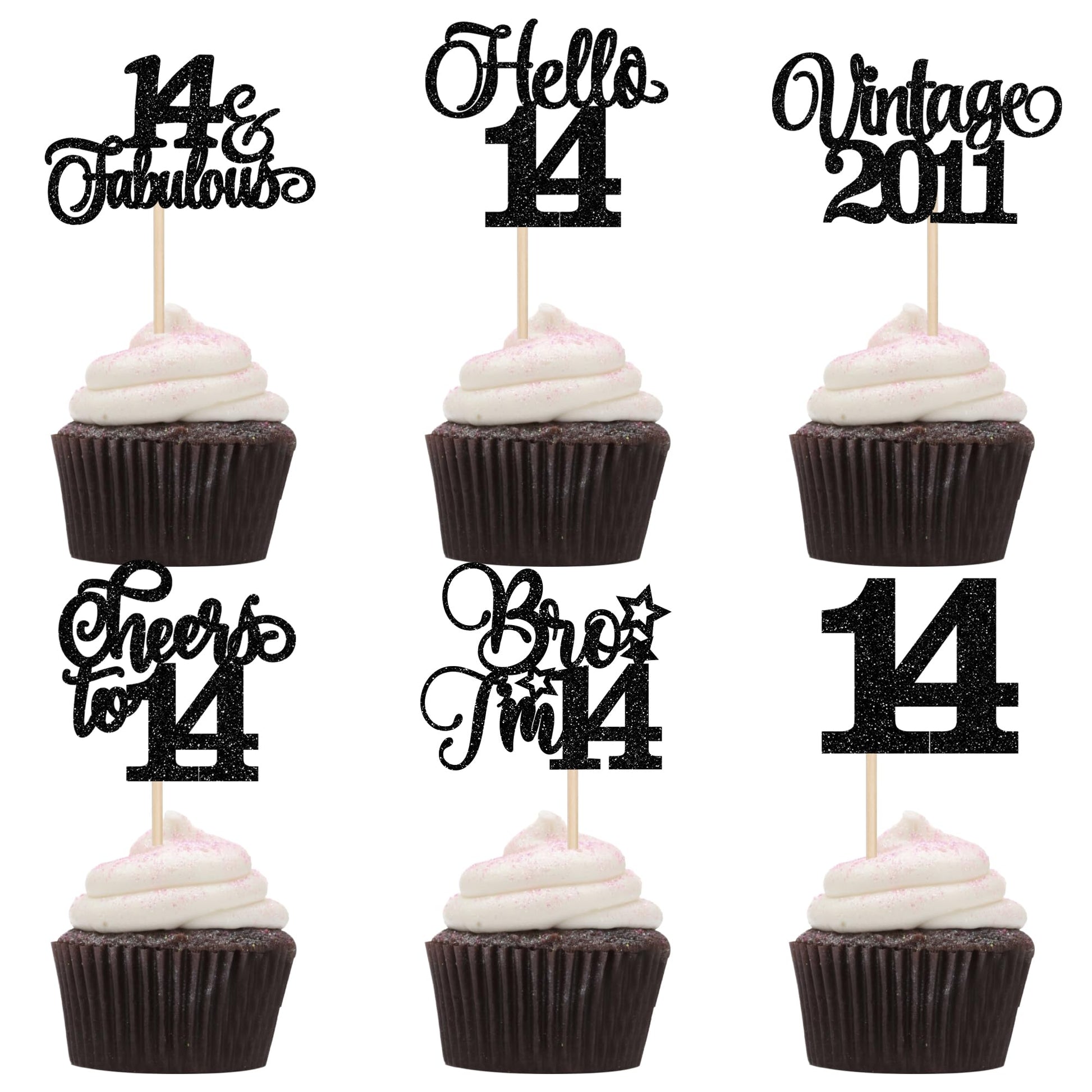Rsstarxi Cupcake Toppers 24 Pack Glitter Black for 14th Birthday Wedding Anniversary Party Decorations