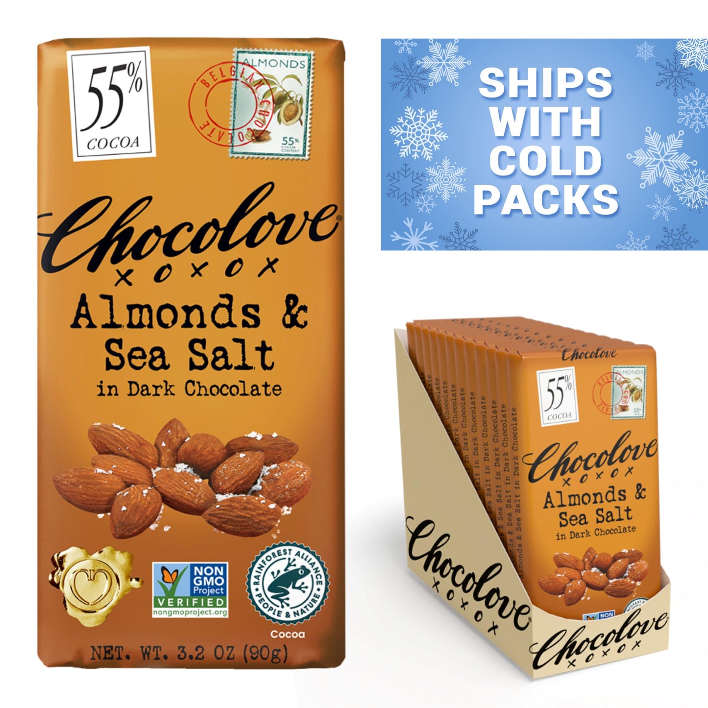 Chocolove Almonds & Sea Salt Dark Chocolate Bars | 55% Cocoa | Crunchy Almonds With A Salty Twist | Premium Belgian Dark Chocolate | Non-Gmo, Dairy & Gluten-Free, 3.2 Oz Bar (12 Pack)