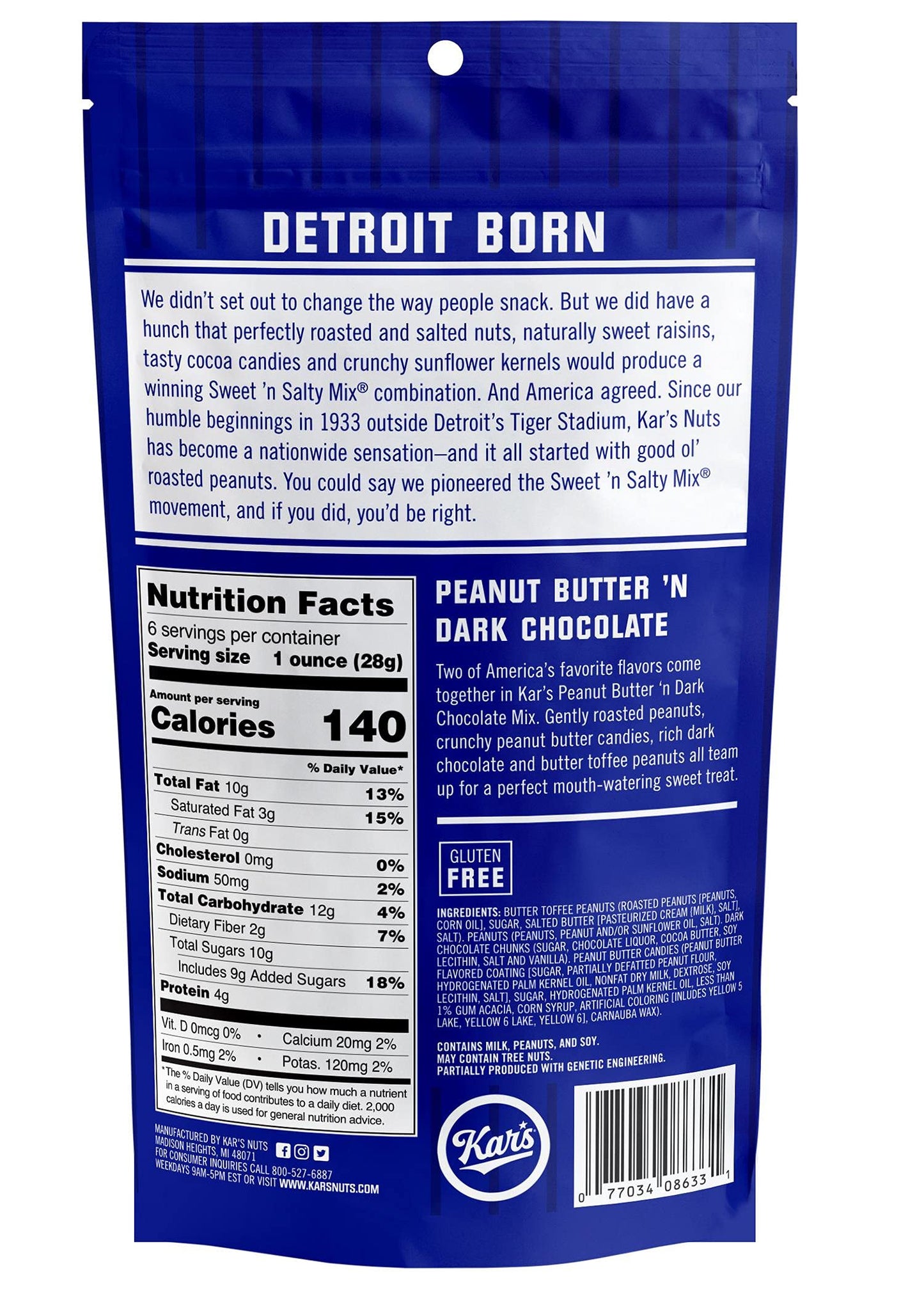 Kars Nuts Peanut Butter N Dark Chocolate Trail Mix - 6 oz Resealable Pouches, Pack of 6 - Gluten-Free Snack Mix