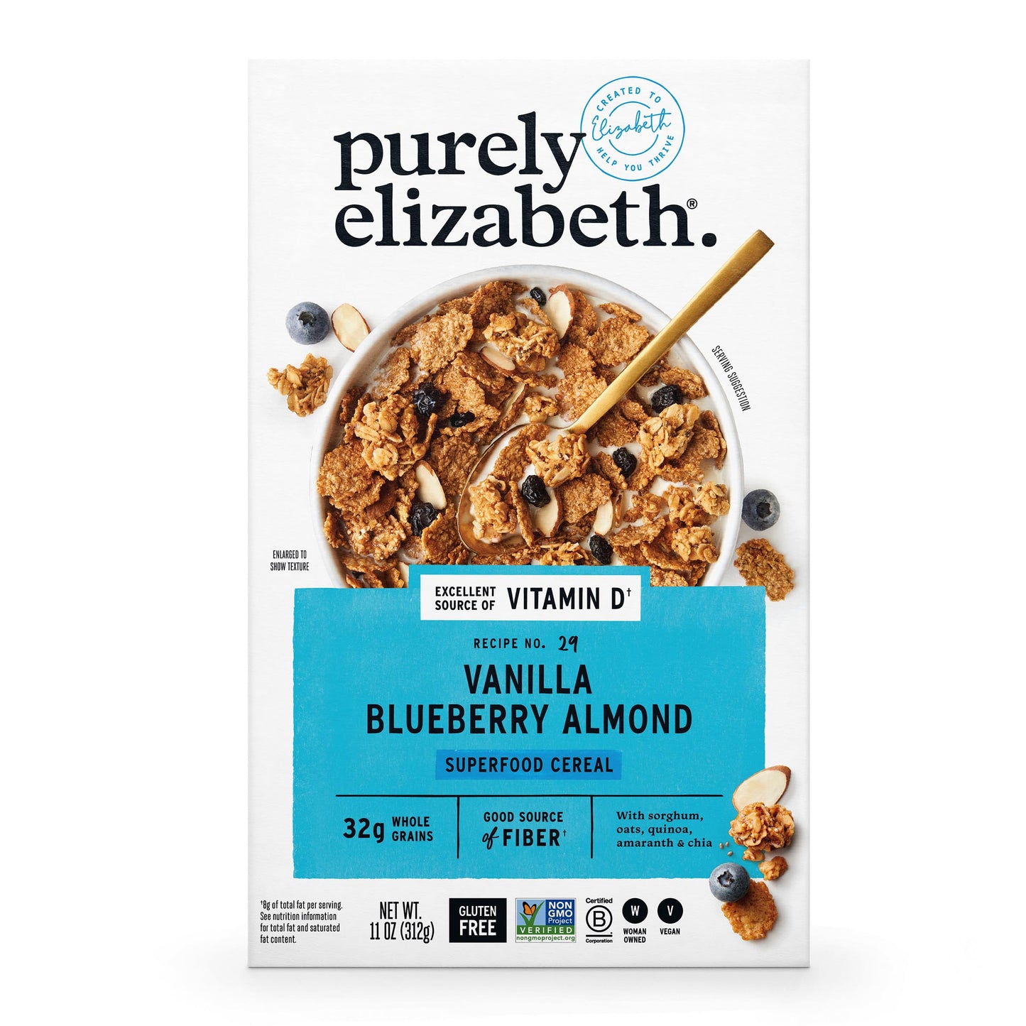 Purely Elizabeth, Vanilla Blueberry Almond, Superfood Cereal With Vitamin D (1 Box, 11Oz), 6G Fiber