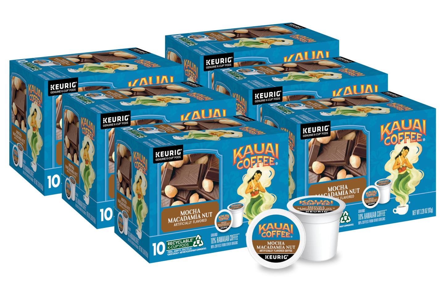 Kauai Coffee Mocha Macadamia Nut Flavor K-Cup Pods - 10 Count, Pack of 6
