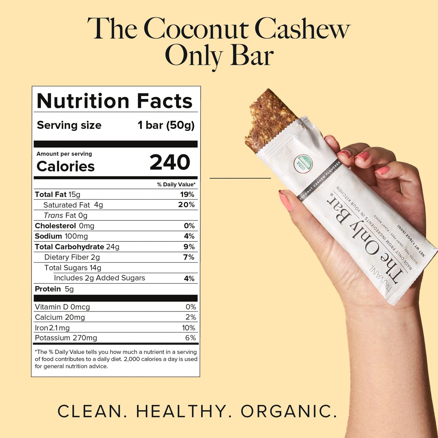 Truvani Plant Based Snack Bar | Coconut Cashew 12 Pack | 5g Protein | USDA Organic and Vegan | The Only Bar | Dairy, Soy, and Gl