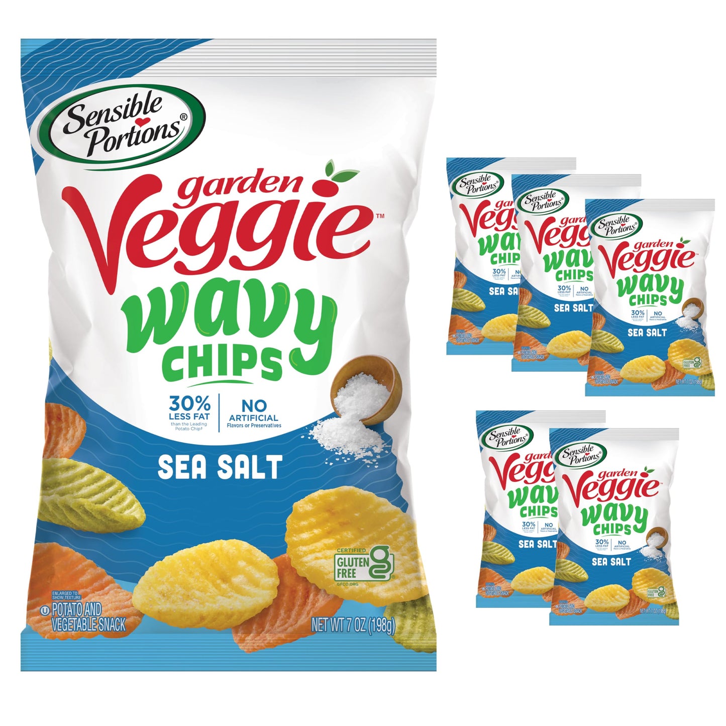 Sensible Portions Veggie Wavy Chips, Sea Salt Flavor, Gluten-Free Chips, 7 Ounce Bag, 6-Pack