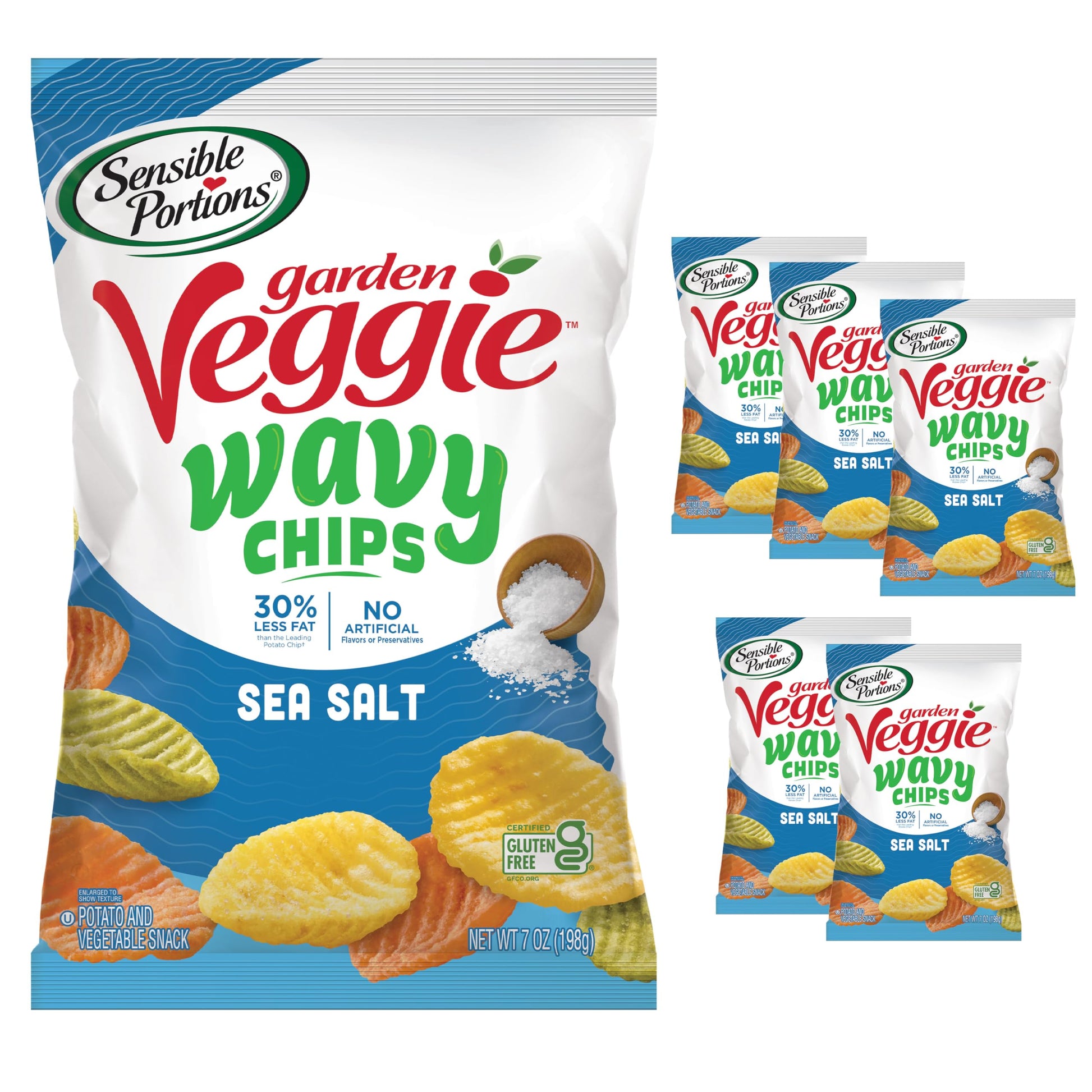 Sensible Portions Veggie Wavy Chips, Sea Salt Flavor, Gluten-Free Chips, 7 Ounce Bag, 6-Pack